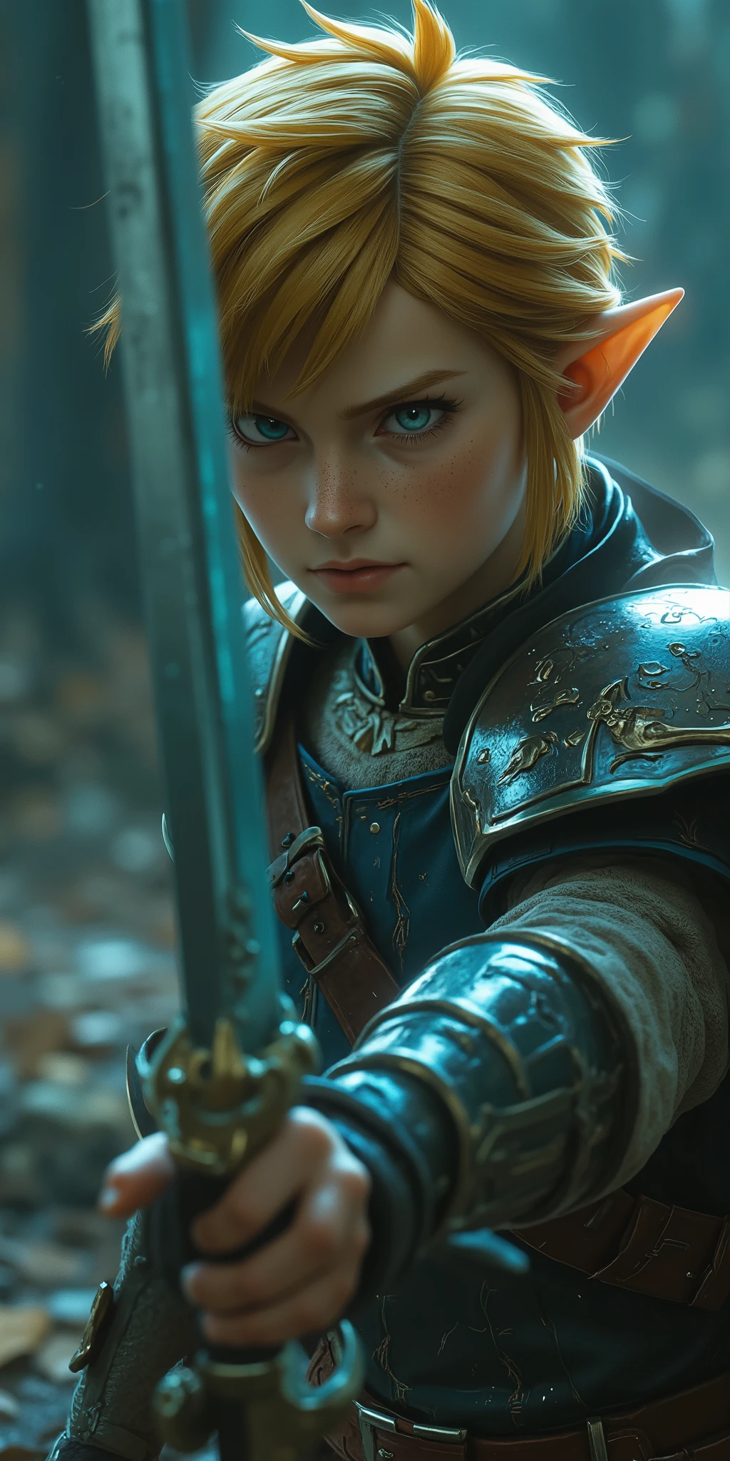 Elden Ring,Dark World,Blonde,link,1man,legend of zelda,holds a sword,close-up,very beautiful,Action,dynamic,live-action,realistic,greatest masterpiece,safe content