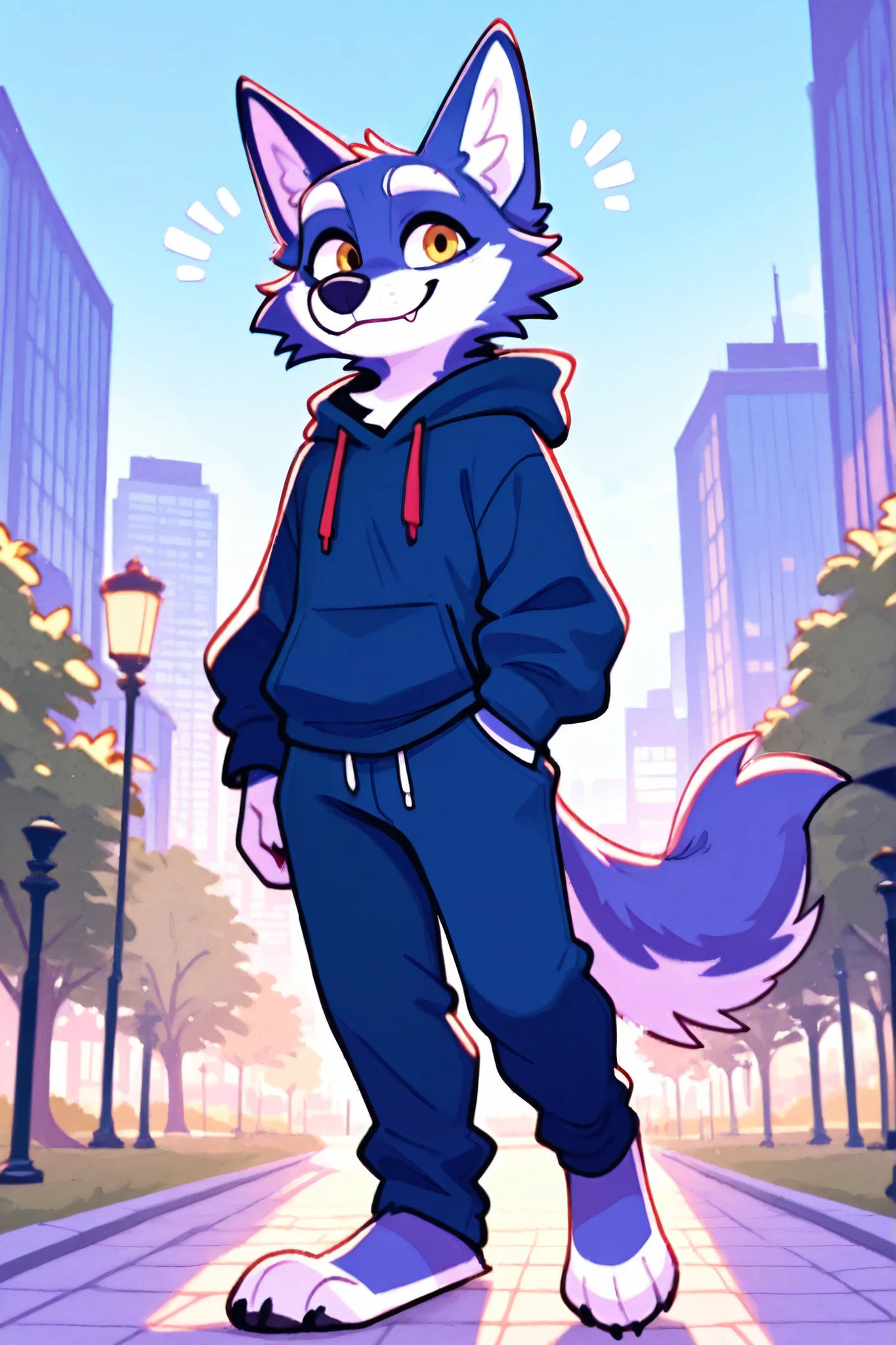 an indigo wolf walking in the park at morning wearing a blue hoode and blue pants, city background, happy expression, white eyebrows.