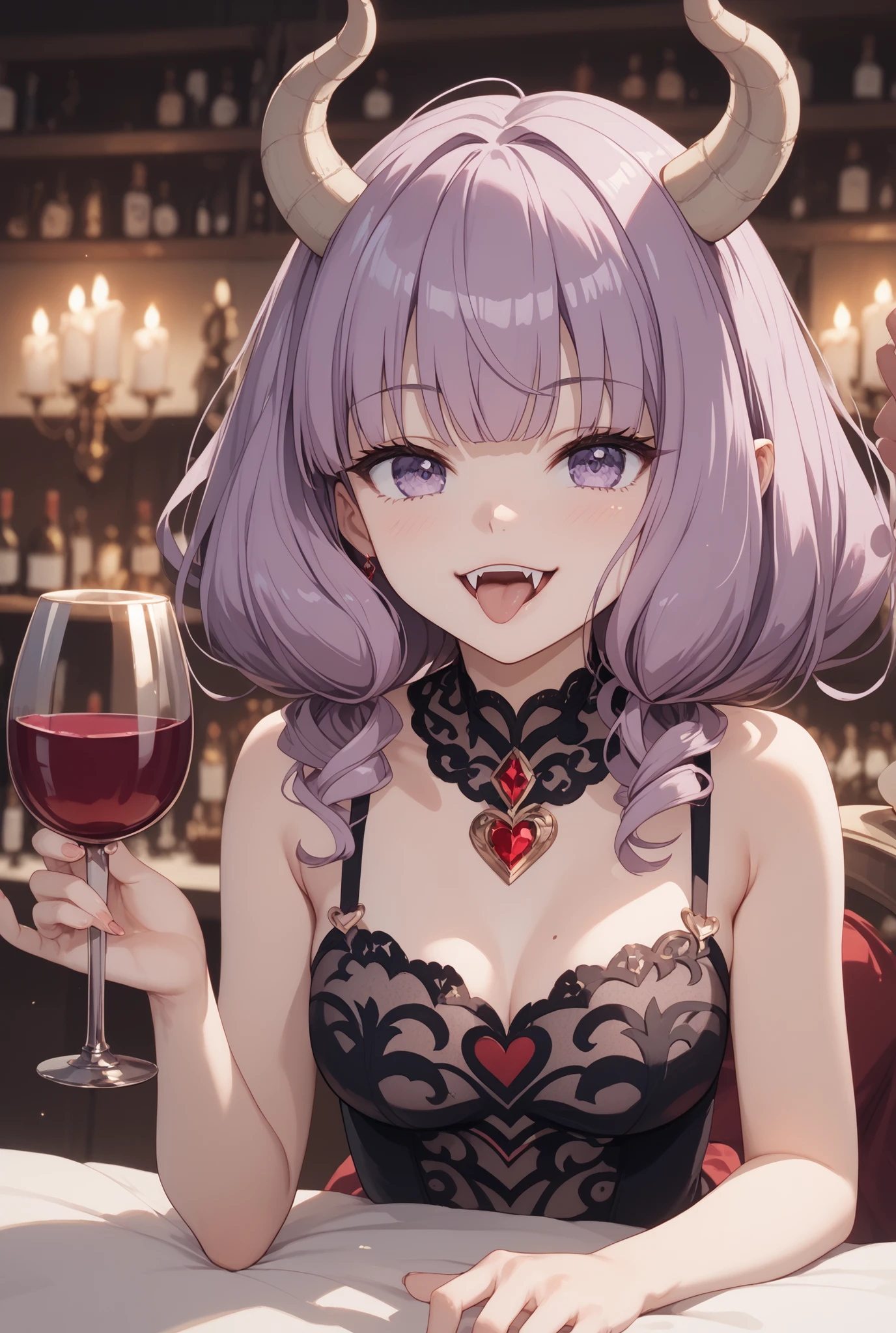 masterpiece,Super Detailed,beautiful faces,and high precision,cute devil girl,(One woman between the stores),sitting on the devil's dim bedroom bed,has a devil candle holder behind the bed、candle is lit,ecstatic, Expression of victory ,I can see slightly red underwear,light reddish purple hair,Thin hanging eye shape,Light Purple Eyes,voluminous bob hair,I have 2 fangs in my mouth,holding a wine glass with red wine in his right hand,
very cute,doing a devil's ceremony,their cheeks are blurry and red, cowboy shot,