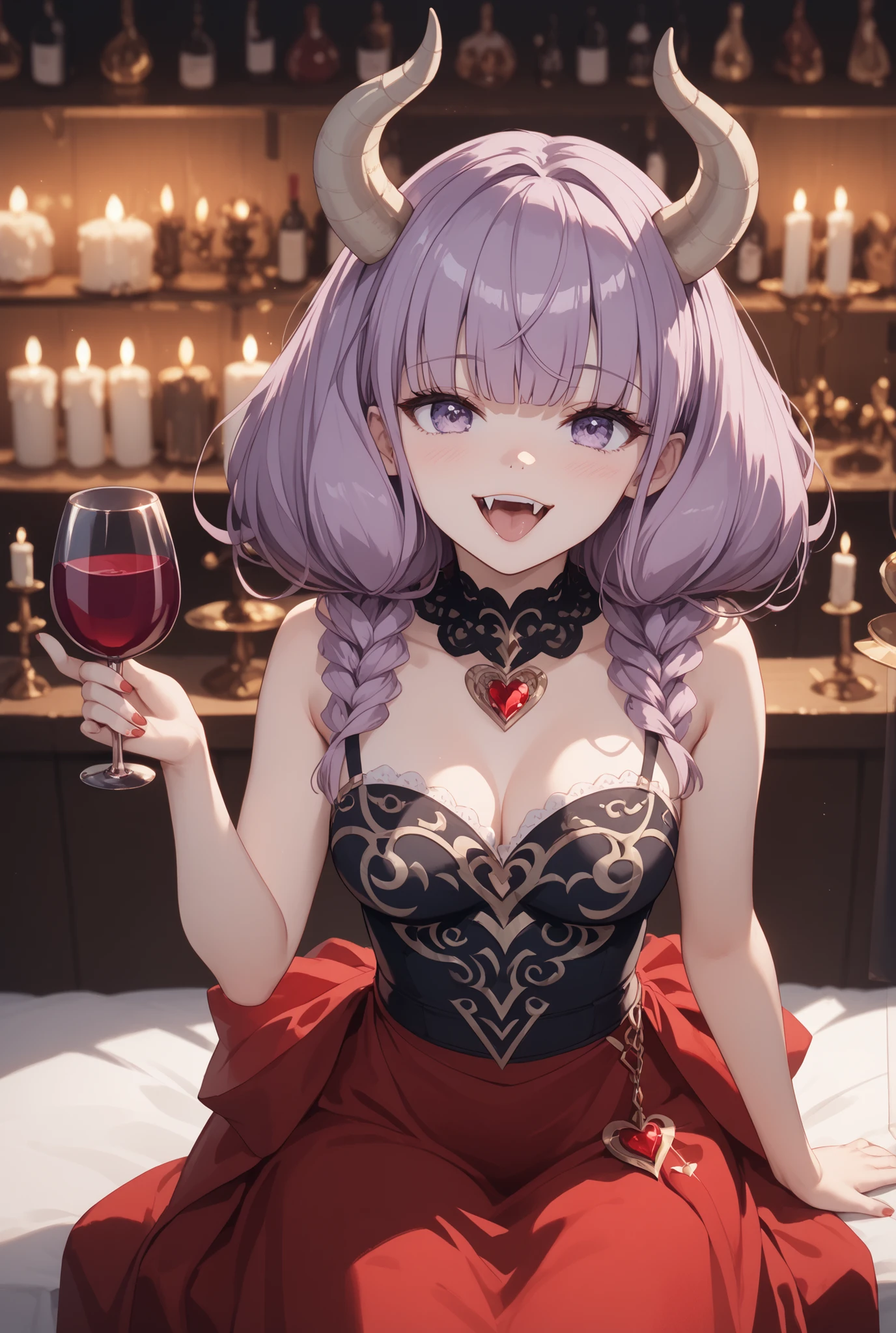 masterpiece,Super Detailed,beautiful faces,and high precision,cute devil girl,(One woman between the stores),sitting on the devil's dim bedroom bed,has a devil candle holder behind the bed、candle is lit,ecstatic, Expression of victory ,I can see slightly red underwear,light reddish purple hair,Thin hanging eye shape,Light Purple Eyes,voluminous bob hair,I have 2 fangs in my mouth,holding a wine glass with red wine in his right hand,
very cute,doing a devil's ceremony,their cheeks are blurry and red, cowboy shot,
