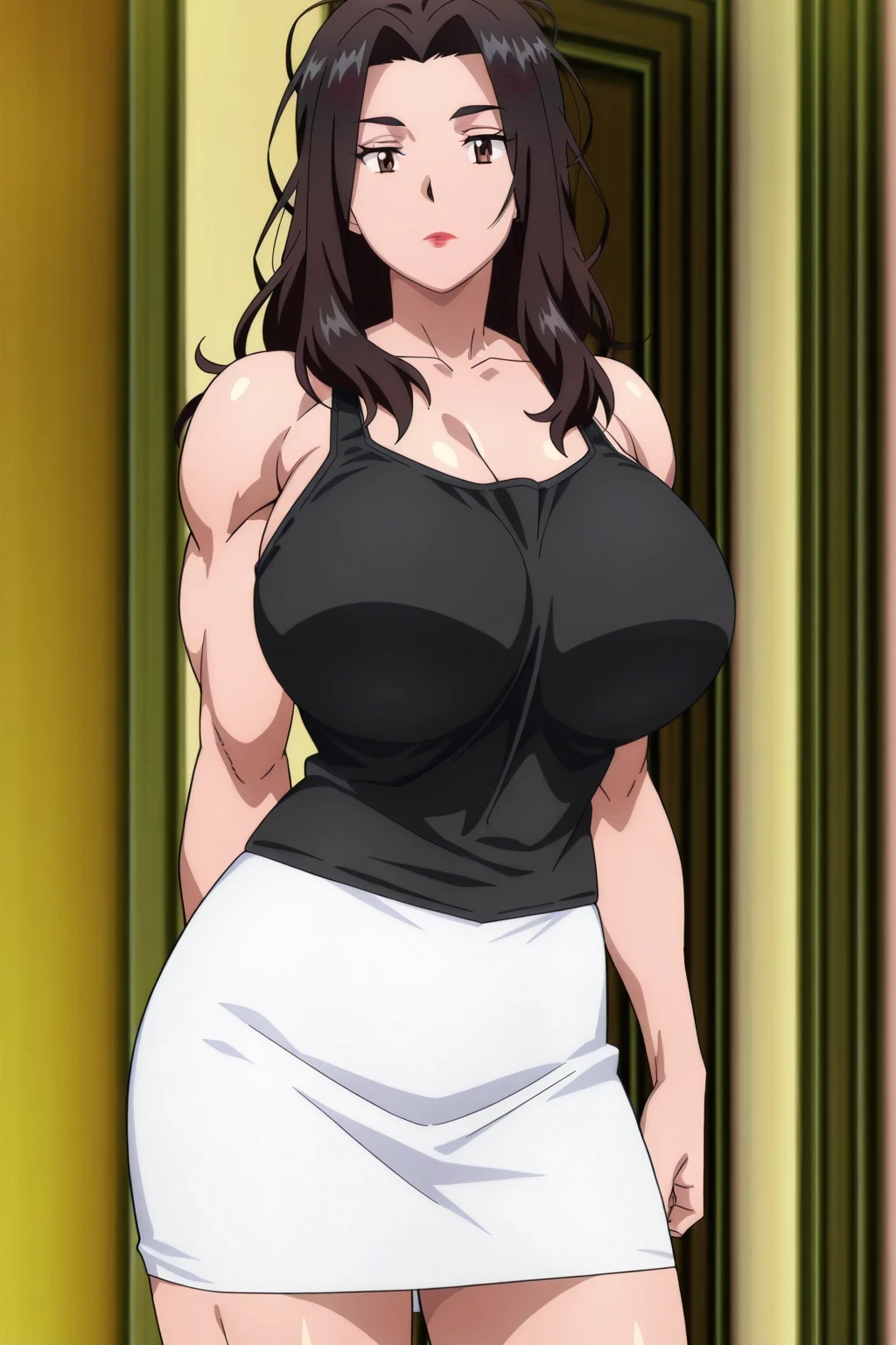 score 9 , score 8 up, score 7 up, source anime, 傑作, best quality, best image quality, best resolution, anime coloring, anime screencap, anime screenshot, 1woman, Close-up of a woman with long brown hair, muscular and strong, make up, messy hair, lipstick, wavy hair, parted bangs, muscular and strong, brown eyed woman, (aged up,24 year old), solo, huge breasts, strong muscles, クラシック woman, huge breasts, strong muscles, very large breasts, made by an anime artist, huge boobs, wearing white tight skirt, outfit:pitch black tank top, biceps, biceps long head, biceps short head, triceps, triceps medial head, triceps lateral head, triceps longhead, brachioradialis, deltoids, anterior deltoids, middle deltoids, posterior deltoids, thigh muscles, semitendinosus muscles, hamstrings, adductor magnus muscles, collarbone, trapezius, plain tank top, woman ロマンス, (pitch black tank top:1.5), official anime style, basic tank top, muscular woman, skin tight tank top, muscular and feminine, 魅力的なアニメの女性, very tall woman, toned body, adult sexy appeal, wearing a white tight skirt, アニメチンコ!!!!, (white tight skirt:1.5), tank top with an pitch black, tight skirt with an white, bare shoulders, bare arms, bare legs, tank top and tight skirt only, cowboy shot, looking at viewer, female focus, Placed in front,