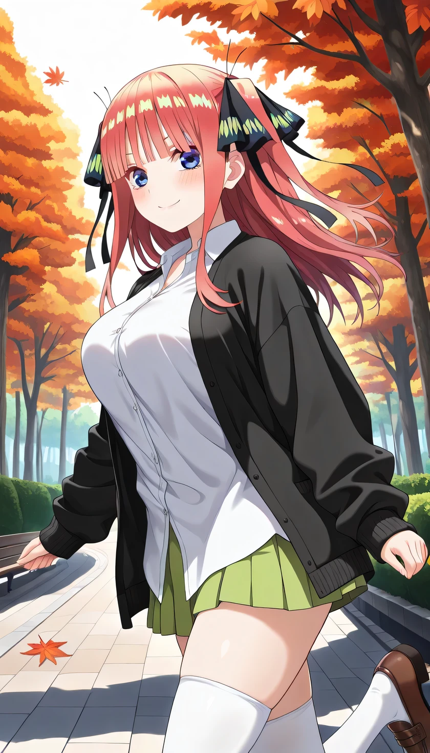{{{masterpiece}}}, (best quality:1.5), (ultra-detailed:1.5), {illustration}, {{an extremely delicate and beautiful}}, (beautiful detailed eyes:1.6), absurdres, highres, extremely detailed face, 16k, hd, visual anime de uma jovem mulher, extremamente bonito rosto de anime, anime melhor garota, (perfect hands, perfect anatomy), anime face, Nino Nakano(Gotoubun no Hanayome), nino nakano, 1girl, solo, cute face, long hair, pink hair, hair ornament, hair ribbon, two side up, butterfly hair ornament, blunt bangs, sidelocks, blue eyes, large breasts, big hips, curvaceous, BREAK, {school uniform}, (black cardigan:1.3), long sleeves, sleeves past wrists, (open cardigan:1.2), white shirt, collared shirt, (untucked shirt:1.3), (baggy shirt:1.4), micro skirt, pleated skirt, green skirt, (white thighhighs:1.2), brown loafers, thighs, zettai ryouiki, BREAK, cute face, smiling, walking, looking at viewer, outdoor, Autumnforrestmb, daytime, forest, public park, autumn leaves, momiji, leaves are falling, daytime, cowboy shot, (from side:1.5)
