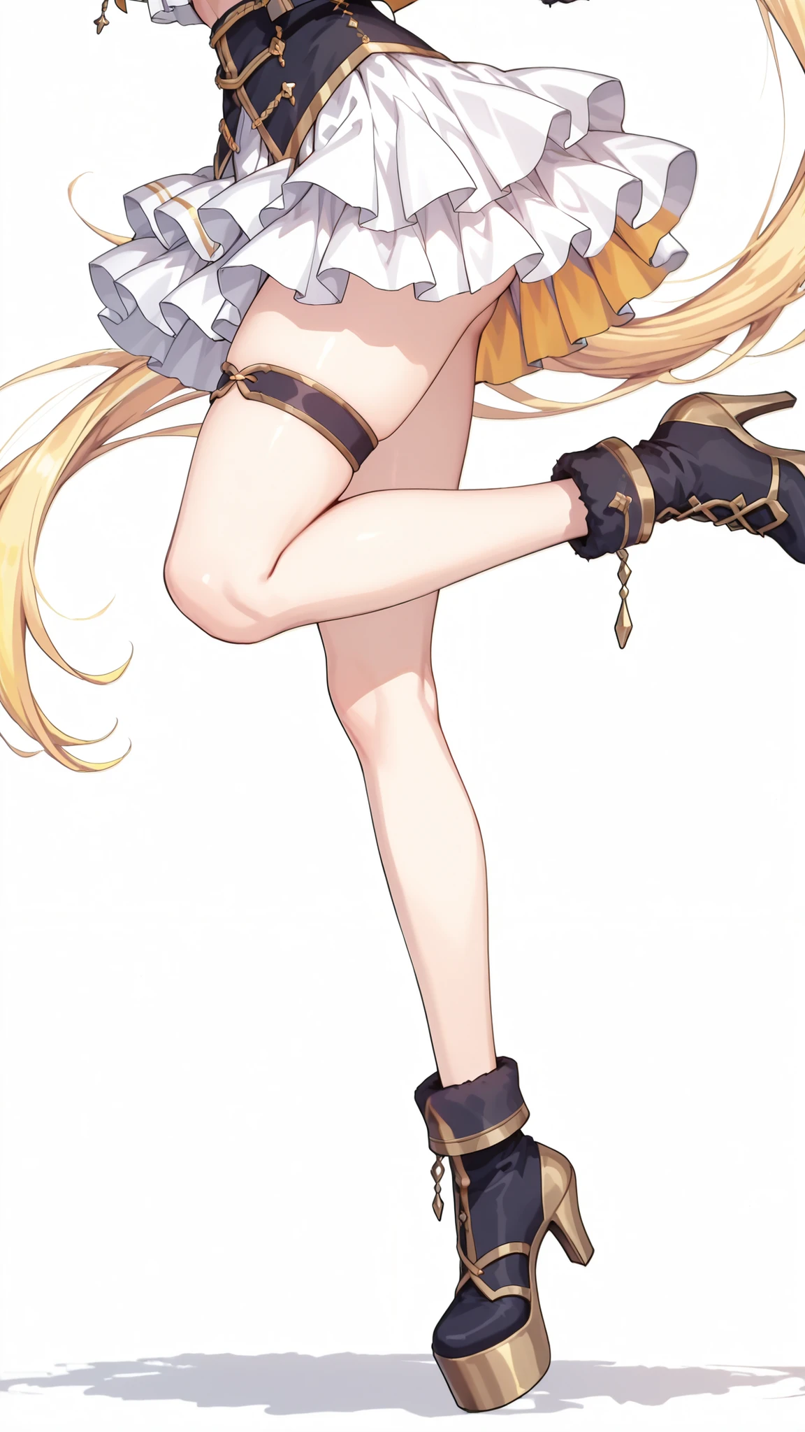 nijisaracos,white shirt,frills shirt,shirt overhang,sleeveless,black vest,crop top vest,open vest,aiguillette,gold trim,white bow,yellow brooch,high-waist skirt,((white skirt)),frilled skirt,layered skirt,single thigh strap,fur-trimmed gloves,,nijisara,large breasts,heterochromia,red eye,yellow eye,blonde hair,long hair,side ponytail,ahoge,hair ribbon,x hair ornament,,