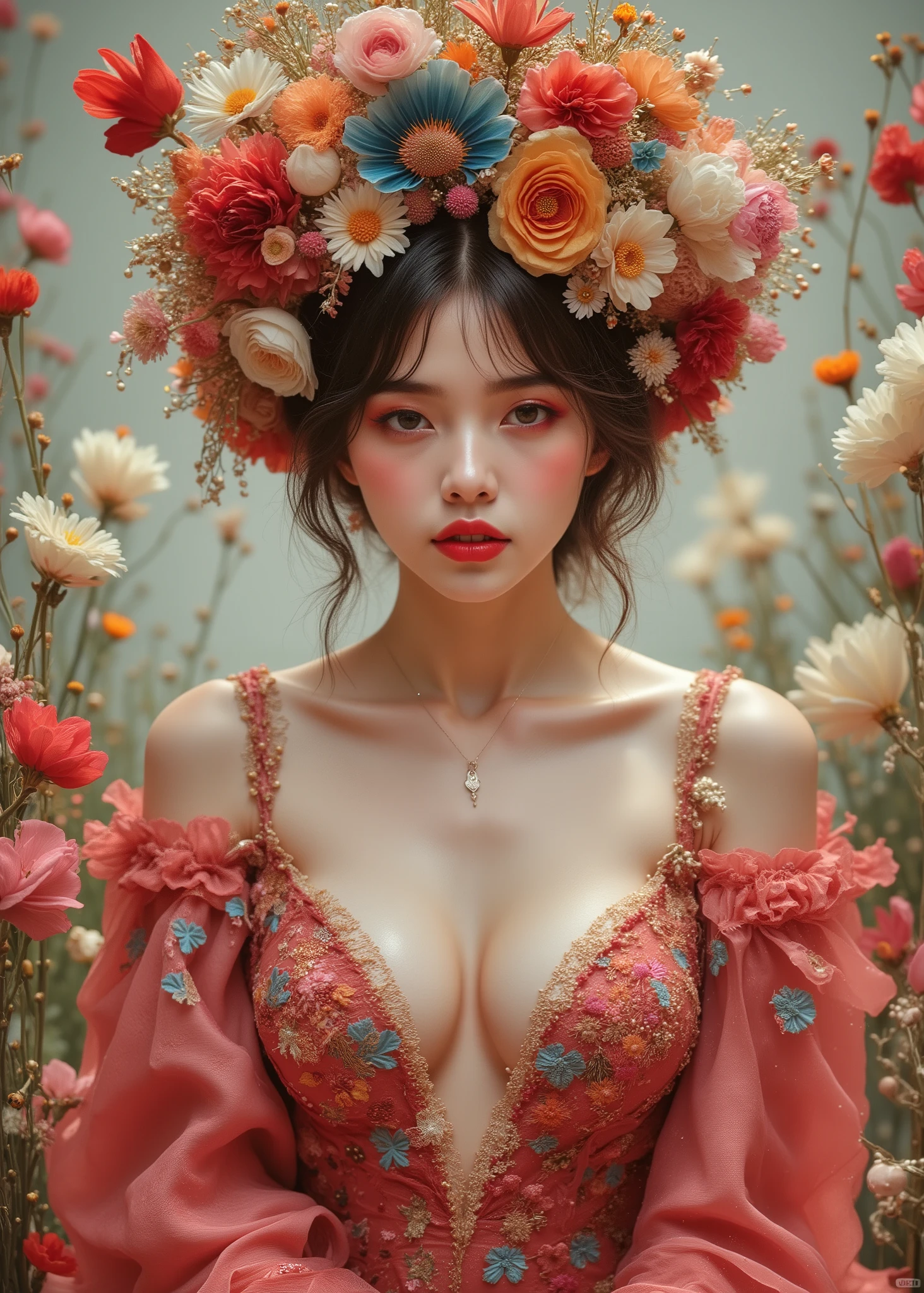 futuristic bike 、beautiful streamline shape、round headlights with 2 vertical lights、Another handle、and the bar end is lowered、The handle position is very low、single seat、Back Step、full cowl、The rider is a beautiful blonde woman、Belly and belly button I hate、stylish female rider、red low-rise shorts、 off-the-shoulder white tank top、perfect resolution、Highest Image Quality、masterpiece、nature is shown in the background、