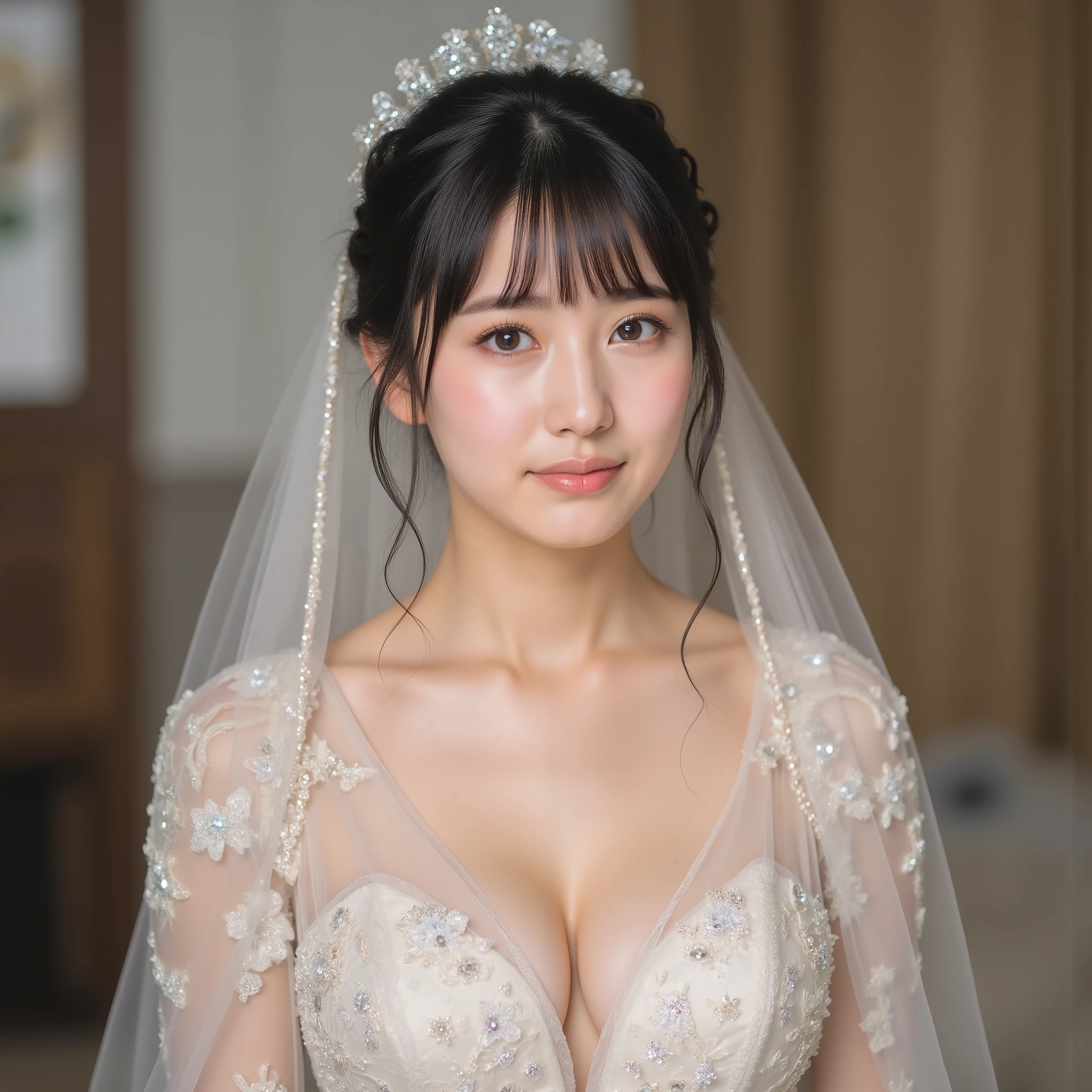 Beautiful Japanese Top Idol Wears Her Wedding Dress and Is Crying Happy, (Super Detailed:1.10), (Ultra Realistic Full Body Portrait Photo:1.9), (Super Detailed and clear focus :1.10), (Woman in center of image :1.5), (At a wedding, She's staring at me, I'm happy and shed tears:1.3), (studio lighting:1.10), BREAK,
(Silk Wedding Dress for a Church Wedding, top dress, Trendy Wedding Dress, BREAK,
(Super Detailed beautiful Japanese female idol:1.10), (Super Detailed beautiful slender and glamor:1.9), (perfect anatomy with arm emblem:1.15), (Cute Smile Yang:1.3), (Super Detailed big eyes, double eyelids), BREAK, No Wedding Veil, unless they are very delicate and decorative、no hair ornament,
((Super Detailed upturned beautiful breasts, Deep Creamy Beige F Cup Breasts:1.5)), Deep V Neck, ((Best Skin and Perfect Costume:1.8), BREAK,
(Super Detailed finely textured shiny oily skin:1.5), (shiny skin), (( wavy curly hair , Symmetrical bangs, Super Detailed美しく輝く髪:1.5)),