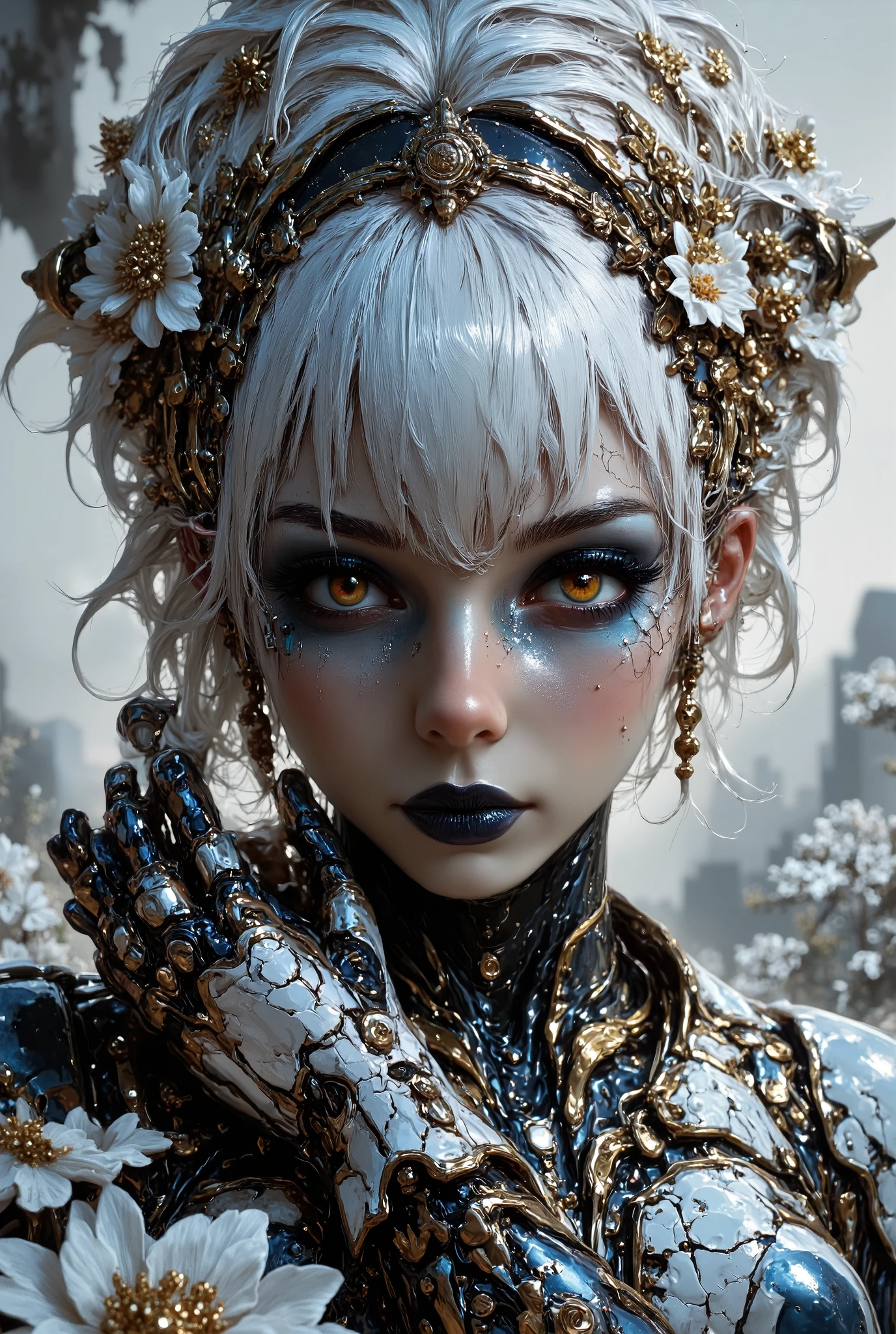 semi-realistic,HassaKu_illu, artist:moriimee, 748cmstyle, jsyu_style, 2025. 09, (1girl, solo, masterpiece, best quality, amazing quality, absurdres, newest), BREAK, depth of field, flowers, cyborg, wires, broken, white hair, messy hair, hair covering eyes, hair over eyes, blunt bangs, black lipstick, robot