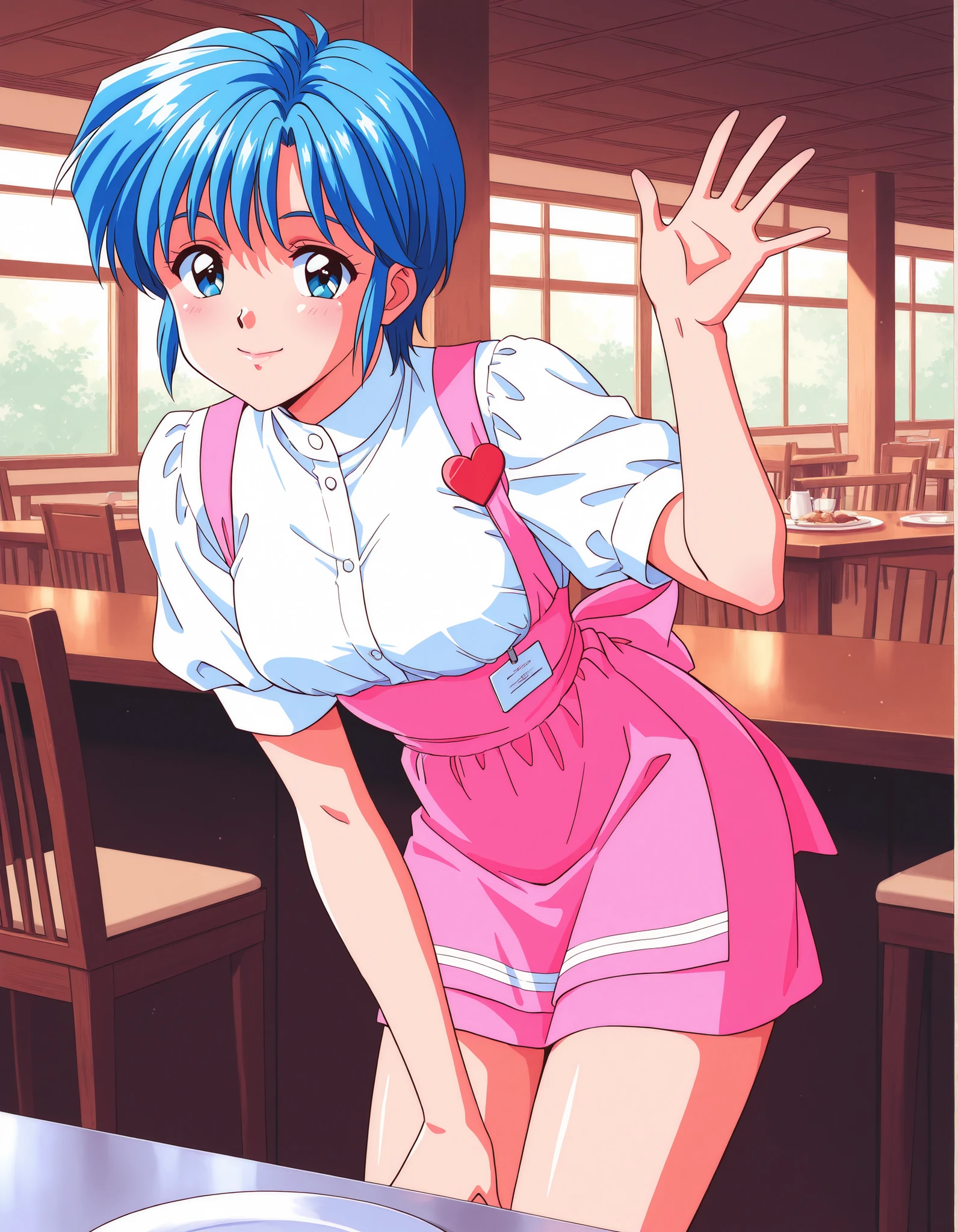 Score_9, score_8_up, score_7_up, source_anime, Nijino_Saki(Tokimeki_Memorial),1girl, solo, blue hair, blue eyes, short hair, bangs, medium breasts, 1990s (style), (best quality), (high quality), {masterpiece}, extremely delicate and beautiful, ultra-detailed, beautiful detailed eyes, anna miller, waitress, white shirt, short sleeves, puffy sleeves, pink suspender skirt, high-waist skirt, waist pink apron, name tag, restaurant, indoor, waving, smile, closed mouth, leaning forward ,glossy lips