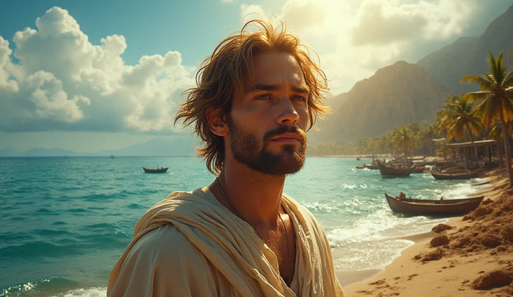 An illustrated movie poster, hand-drawn, full color, a male ranger, 28 years-old, resembles Travis Fimmel, wearing a linen tunic and a shemagh scarf, sun-tanned skin, stocky physique, deep crystal blue eyes, wide straight nose, light blonde hair, longhair, thick straight eyebrows, broad chest, posing on a tropical beach, hard shadows, graphite shading, stencil markings, airbrushed acrylic paint, masterpiece, in the style of Lord of the Rings 