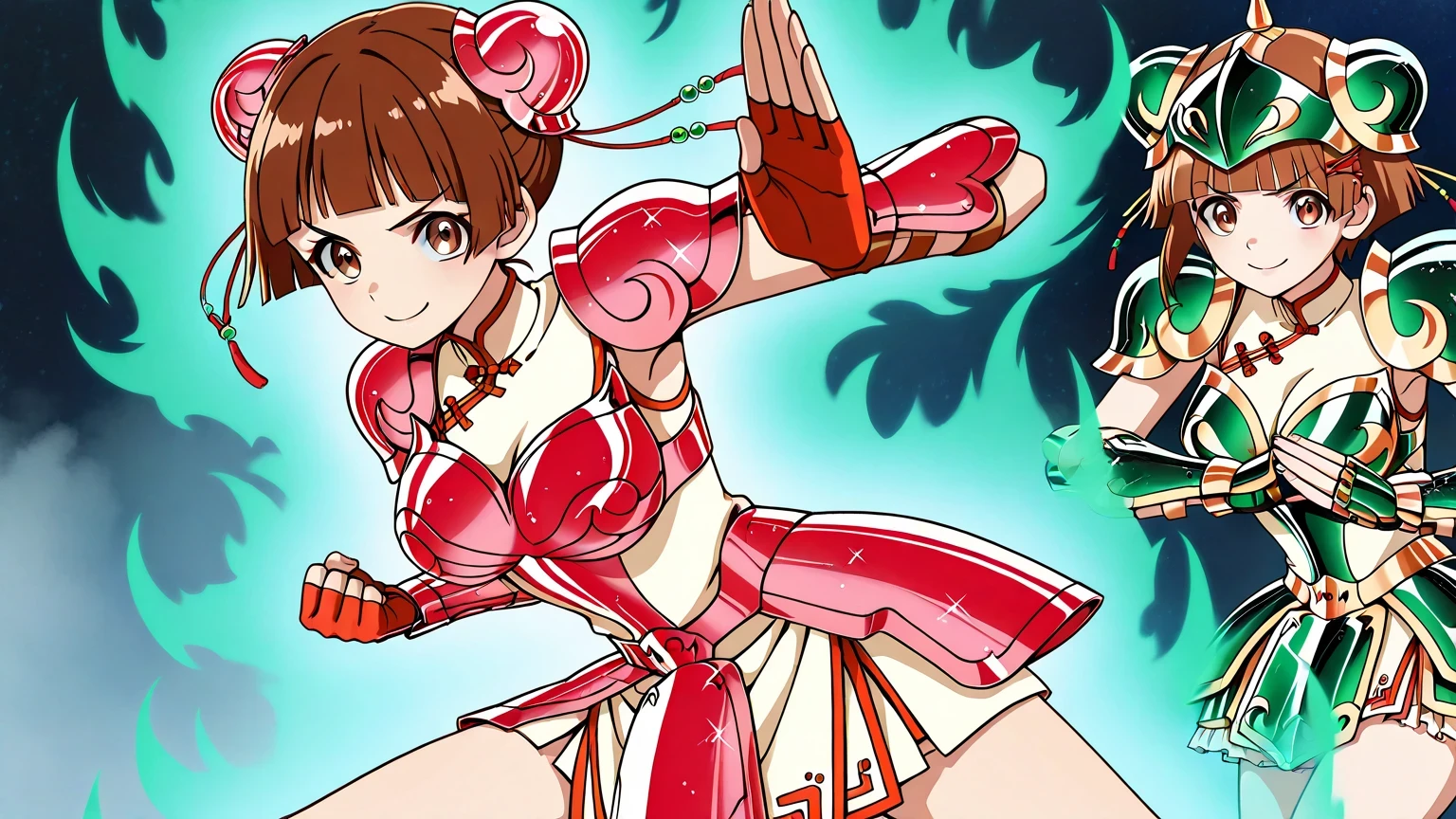 score 9 , score 8 up, score 7 up, source anime, 傑作, best quality, best resolution, best image quality, anime coloring, anime screenshot, 1girl, Xiaoling, girl is wearing a white china dress outfit, zodiac girl knight, 14 years old, Portrait of a Zodiac girl Knight, brown hair, hair ornament, short hair, brown eyes, blunt bangs, hair bun, double hair bun, hair pin, bun cap, emerald armor, dress armor girl, Enchanting princess knight, under white china dress, anime Fencer, Smooth anime CG art, official anime style, 彼女の周りの桜の花びら, A cheerful smile, シュウシュウアニメ画像, princess knight, , , large , medium , Short girl, thighs, 美少女, galaxy princess, crystal emerald armor, shoulder armors, breastplate armor, emerald princess, emerald Reflective Armor, best quality anime art style, official anime art style, Ursa Minor Armor, Ursa Minor Helmet, gloves, fingerless gloves, cowboy shot, solo focus, looking at viewer, female focus, fighting stance, dynamic pose, blue aura,