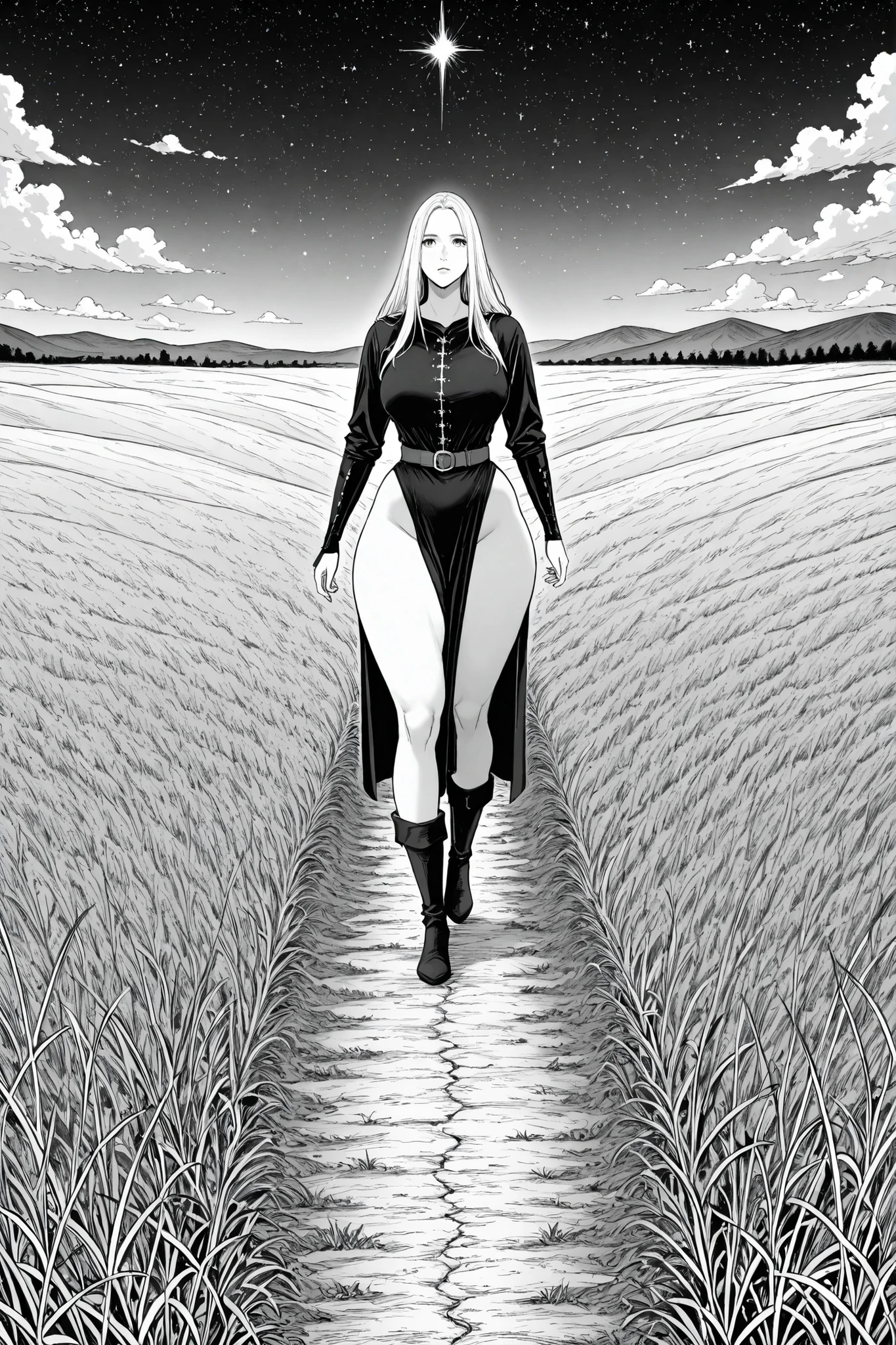 Landscape of a field and a long path, , sky, clouds, Comic, 1koma, afternoon, looking at cime, stars, 1girl, solo, 2koma, comic, monochrome, black and white, medieval, star falling, wide hips, large hips, thick thighs, strong thigh, thin waist, long hair 