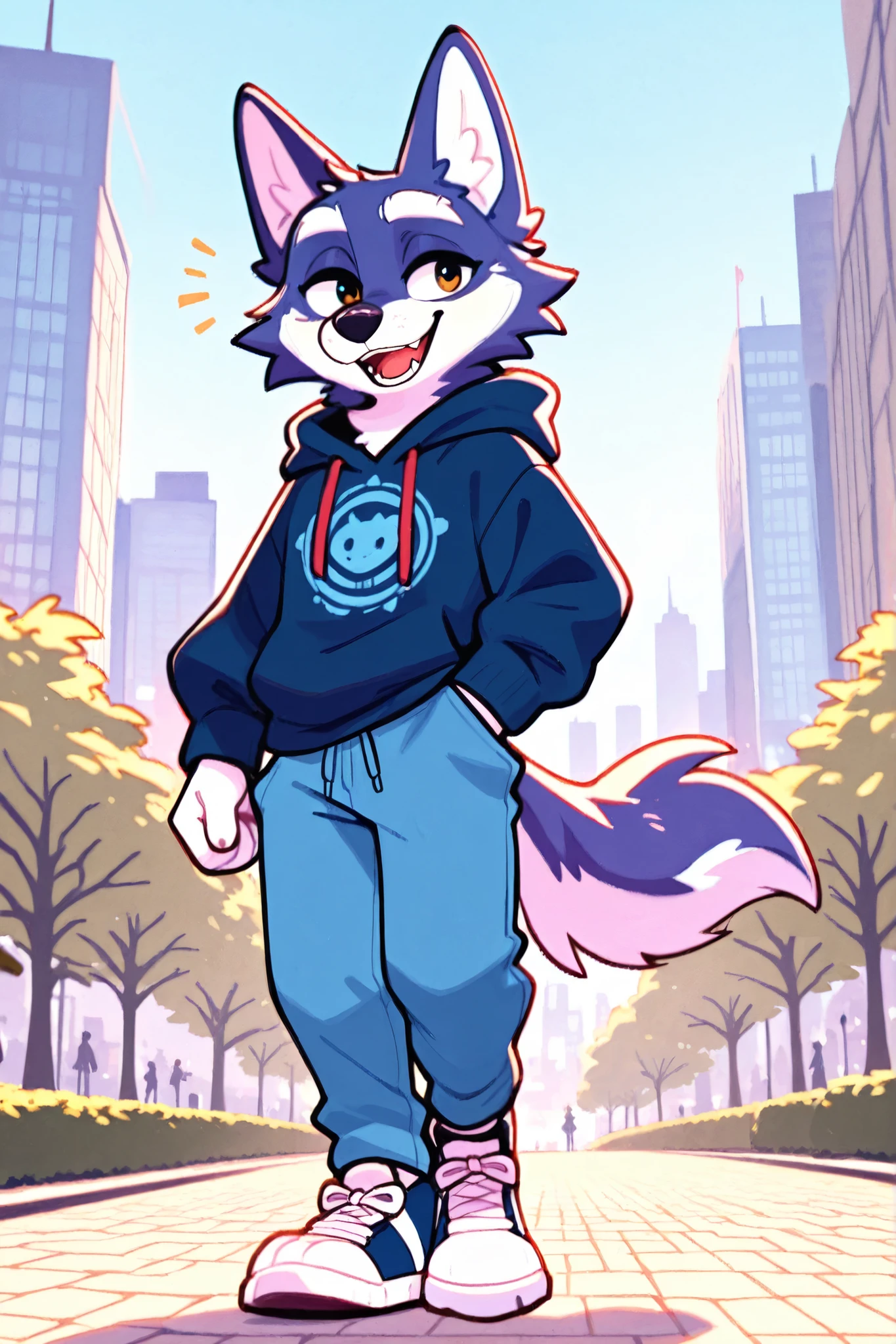 an indigo wolf walking in the park at morning wearing a blue hoode and blue pants, city background, happy expression, white eyebrows.