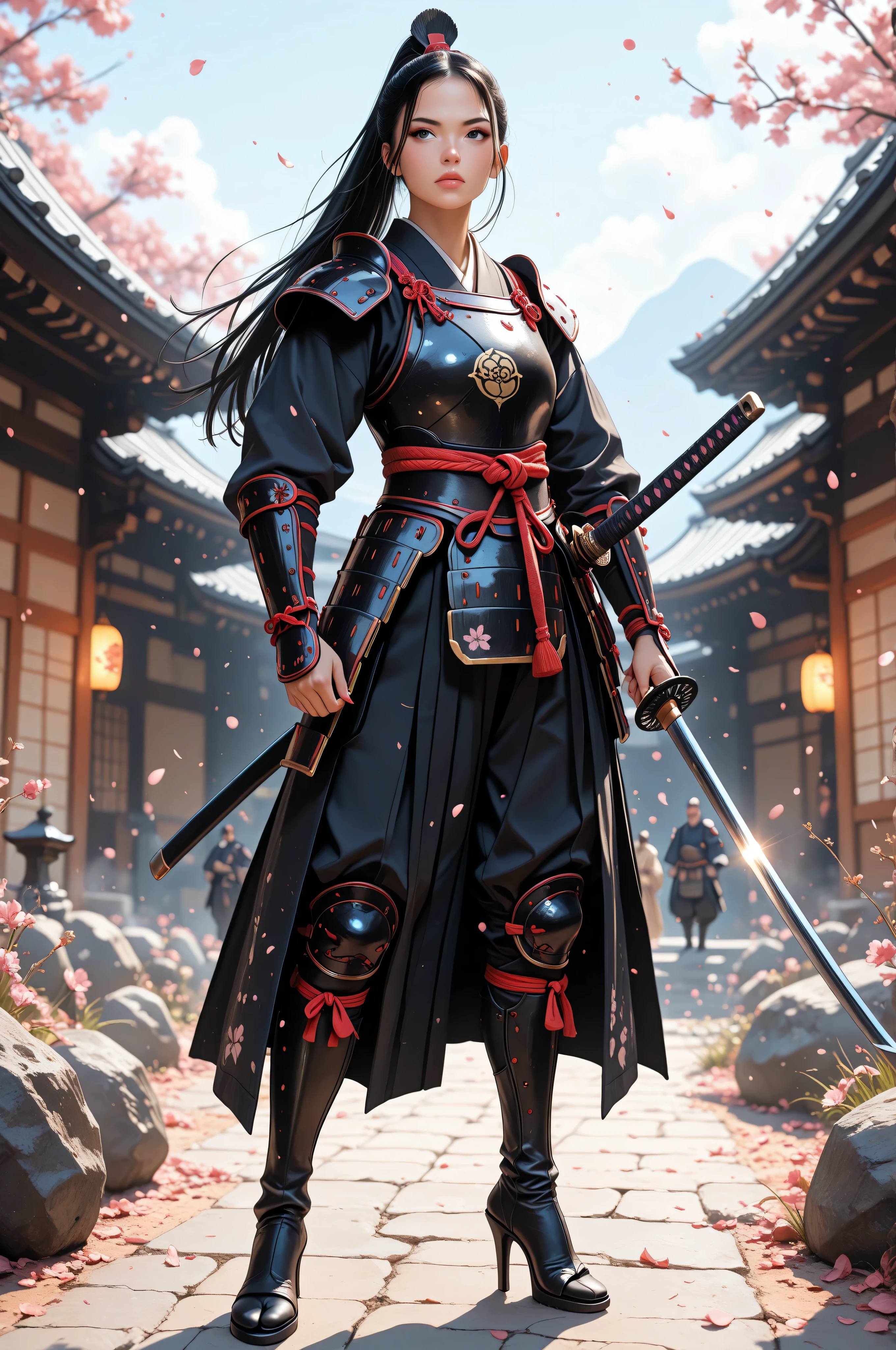 femillustration,midjourneylora,aidmaMJ6.1,a picture of Japanese female samurai, she has long black hair, wearing samurai armor, wearing high heels boots, armed with a katana, ready for battle, dynamic angle,, Japanese fantasy art, (Masterpiece: 1.5), 16k, highres, best quality, high details, ultra detailed, masterpiece, best quality, (extremely detailed), arafed, dnd art,