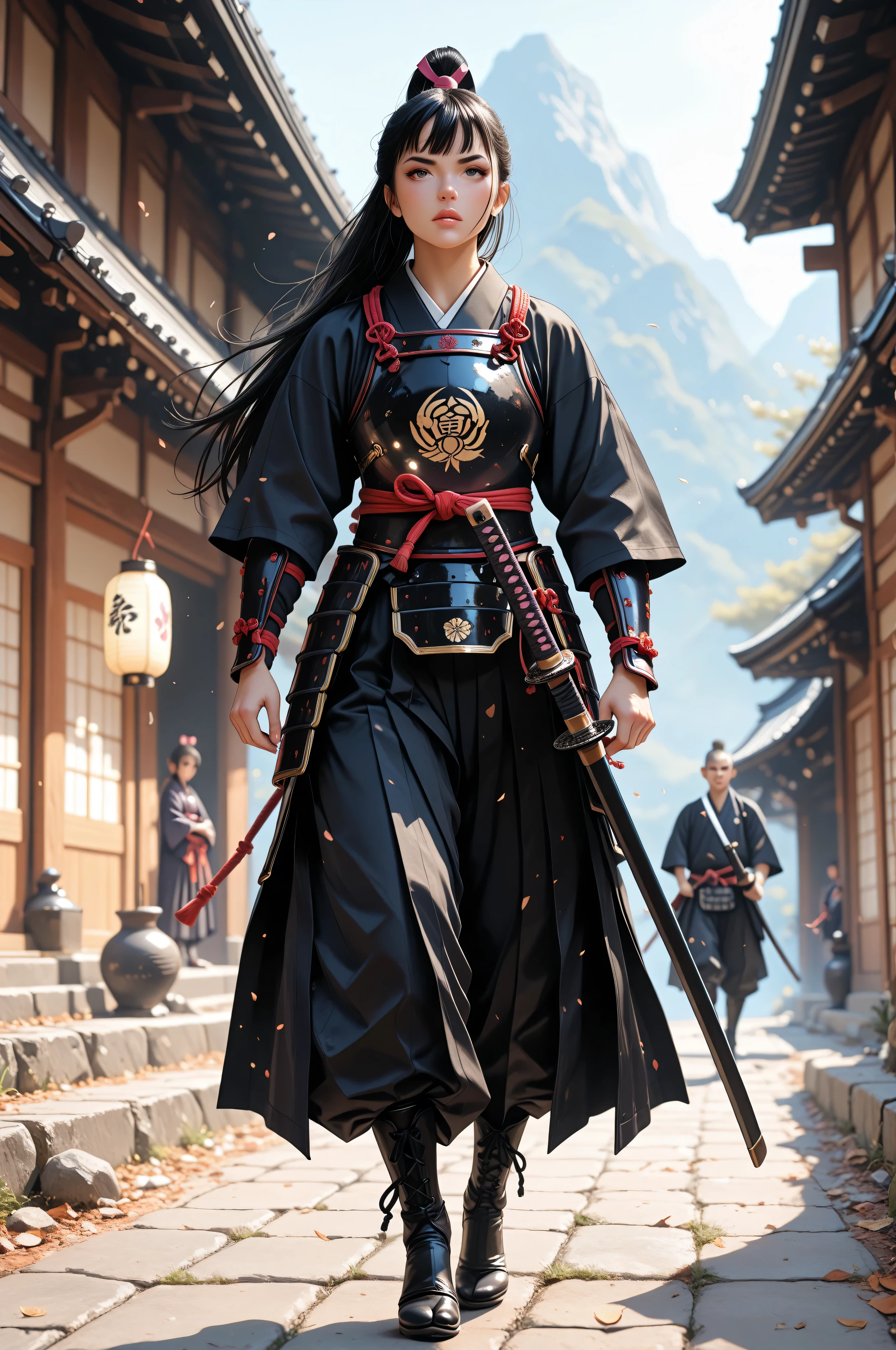 femillustration,midjourneylora,aidmaMJ6.1,a picture of Japanese female samurai, she has long black hair, wearing samurai armor, wearing high heels boots, armed with a katana, ready for battle, dynamic angle,, Japanese fantasy art, (Masterpiece: 1.5), 16k, highres, best quality, high details, ultra detailed, masterpiece, best quality, (extremely detailed), arafed, dnd art,