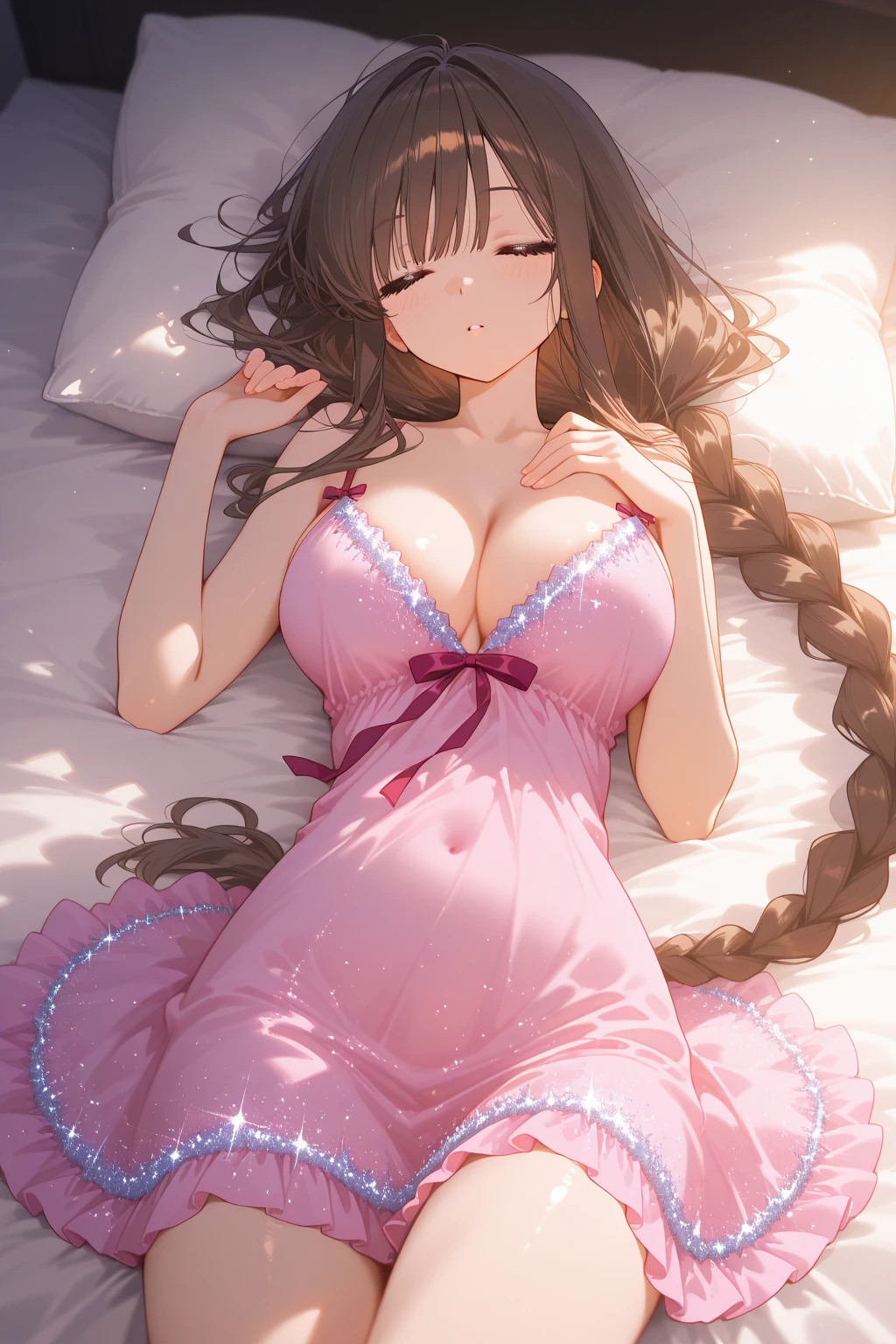 Anime girl, thick and curvy, long curly brown hair with bangs, brown eyes, pastel coquette aesthetic
