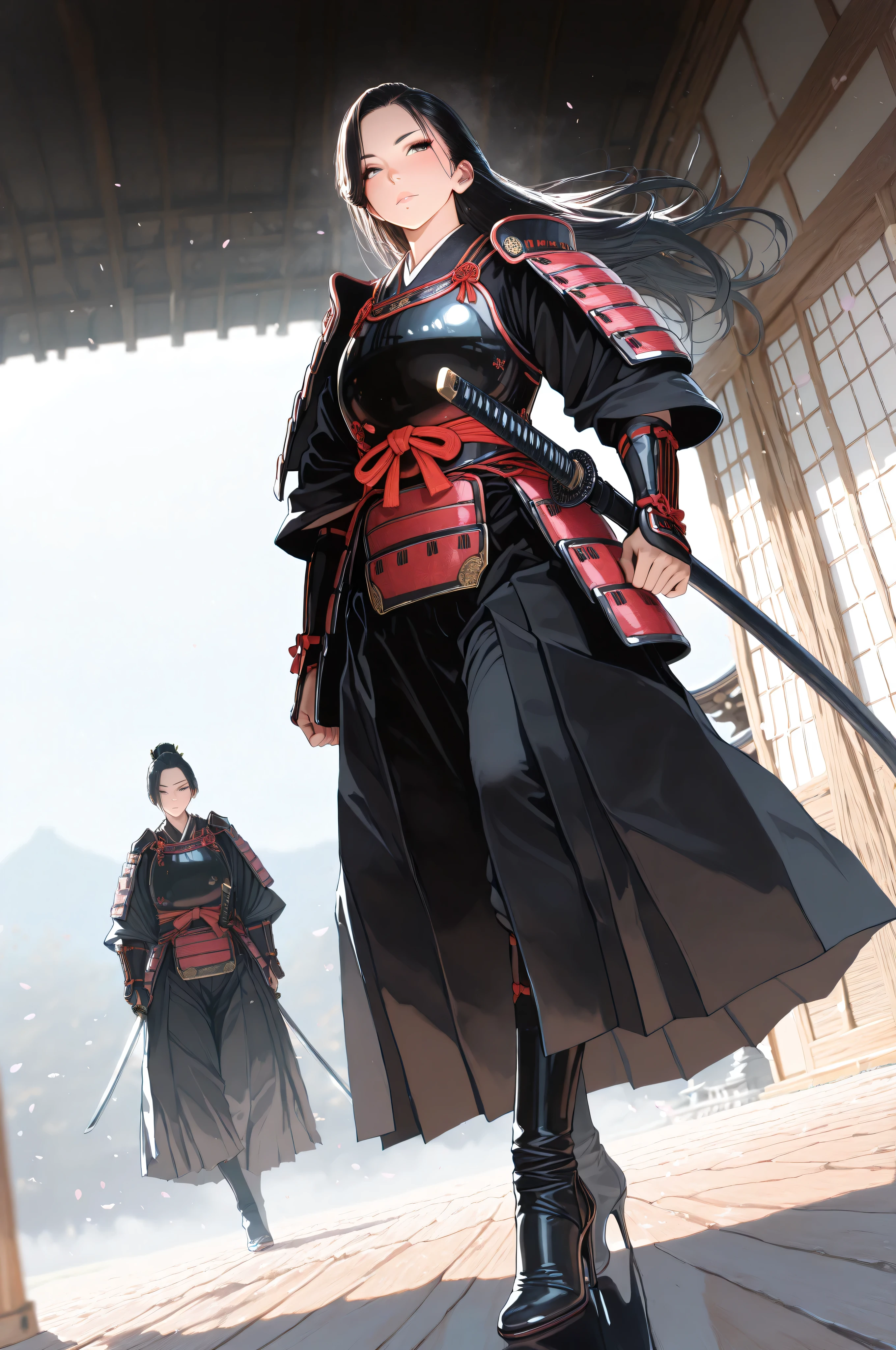 femillustration,midjourneylora,aidmaMJ6.1,a picture of Japanese female samurai, she has long black hair, wearing samurai armor, wearing high heels boots, armed with a katana, ready for battle, dynamic angle,, Japanese fantasy art, (Masterpiece: 1.5), 16k, highres, best quality, high details, ultra detailed, masterpiece, best quality, (extremely detailed), arafed, dnd art, 