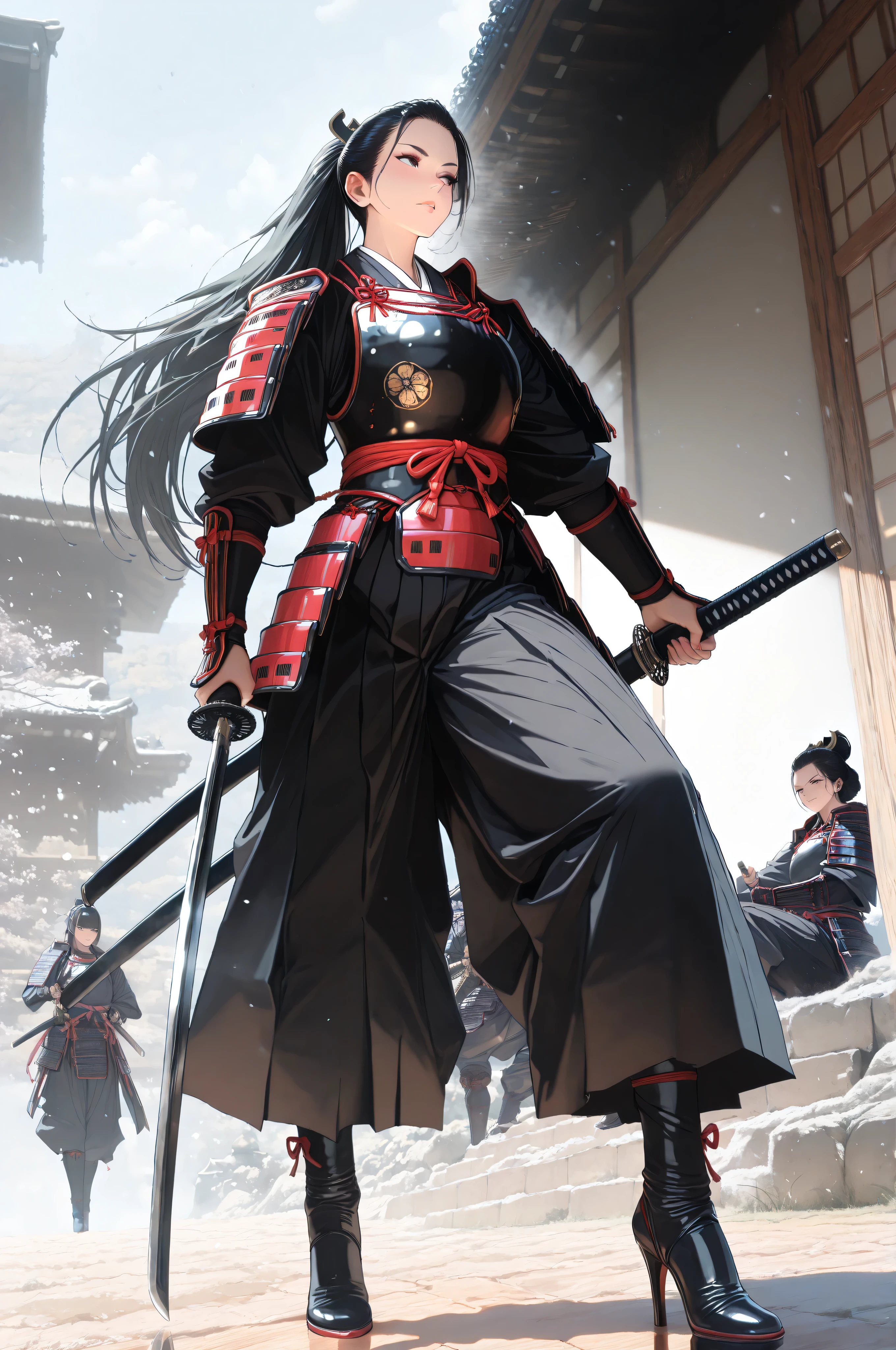 femillustration,midjourneylora,aidmaMJ6.1,a picture of Japanese female samurai, she has long black hair, wearing samurai armor, wearing high heels boots, armed with a katana, ready for battle, dynamic angle,, Japanese fantasy art, (Masterpiece: 1.5), 16k, highres, best quality, high details, ultra detailed, masterpiece, best quality, (extremely detailed), arafed, dnd art,