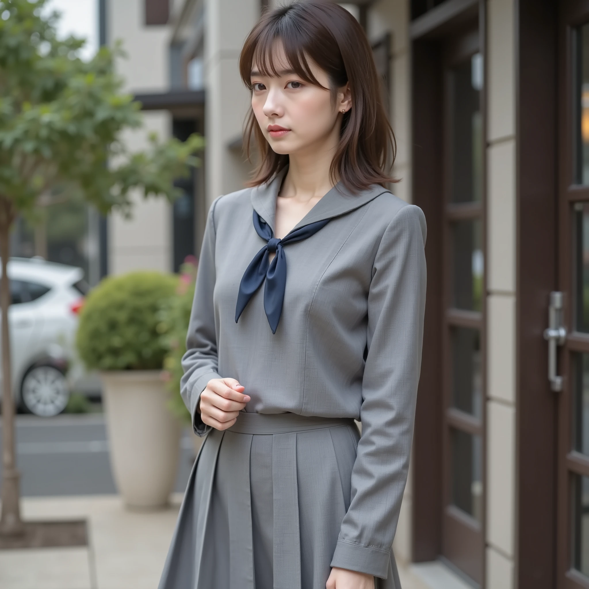 (最高masterpiece, Highest Quality:1.2, フォトrealistic), wearing a pleated skirt, full body shots on left and right、JK Sailor wears a gray suit, 1 Japanese top idol woman, (watch viewers), Super Detailedな全身超クリアフォーカス, she winks and sticks out slightly when entering in front of the hotel, Surrealistic RAW photos, (f-cup chest), she is standing at the hotel entrance、thighs、(camera), (Pretty Light Brown Hair), realistic and detailed face, Beautiful Japanese Top Gravure Idol Female, detailed face, masterpiece, Mature Style, Super Detailed, realistic, And beautiful in 8K, hourglass body,photorealistic, My Breasts Are Sweaty、Dynamic Pose、Cheerful Atmosphere、random sexy pose