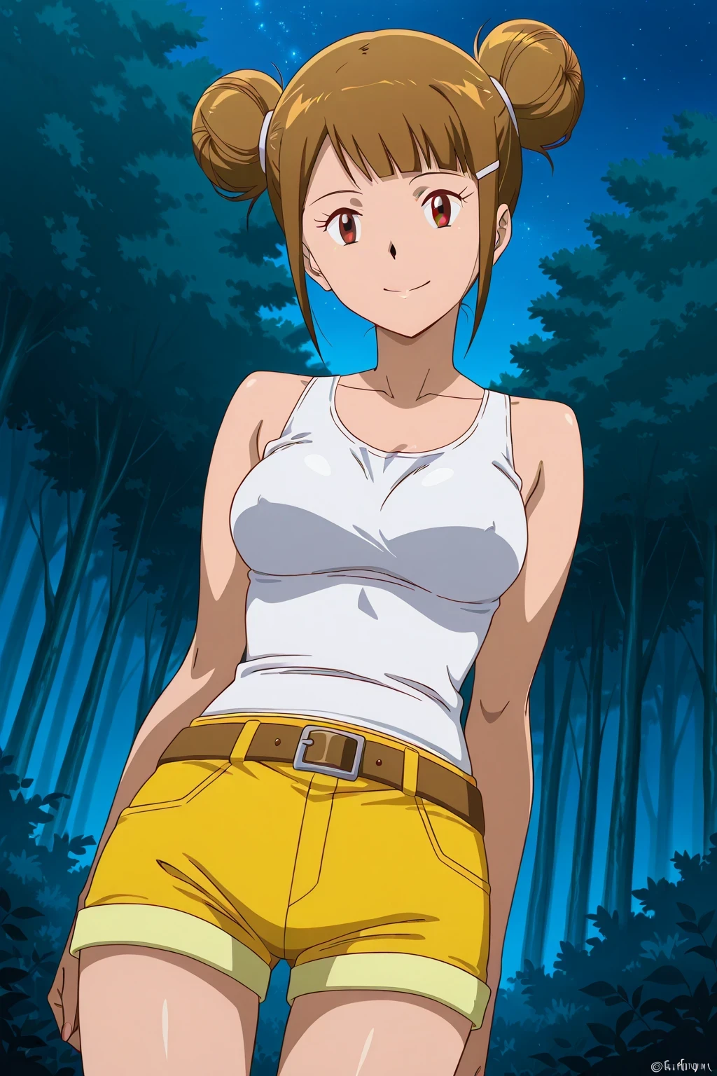 score 9、score 8 up、score 7 up、source anime、anime coloring、anime screencap、anime screenshot、best quality、best resolution、best image quality、傑作、1girl、digimon adventure tri、hikari yagami tri、brown hair、short hair、brown eyes、blunt bangs、hair pin、hair bun、double bun、ネックレス、首に携帯電話、collarbone、trapezius、white tank top、big breasts、medium breasts、skin tight tank top、Lift up to slightly nipples、tank top with an pure white、bare shoulders、bare arms、plain tank top、yellow hot pants、belt、hot pants with an yellow、basic tank top、A cheerful smile、outdoors、(forest, 流星, night)、looking at viewer、cowboy shot、dutch angle、