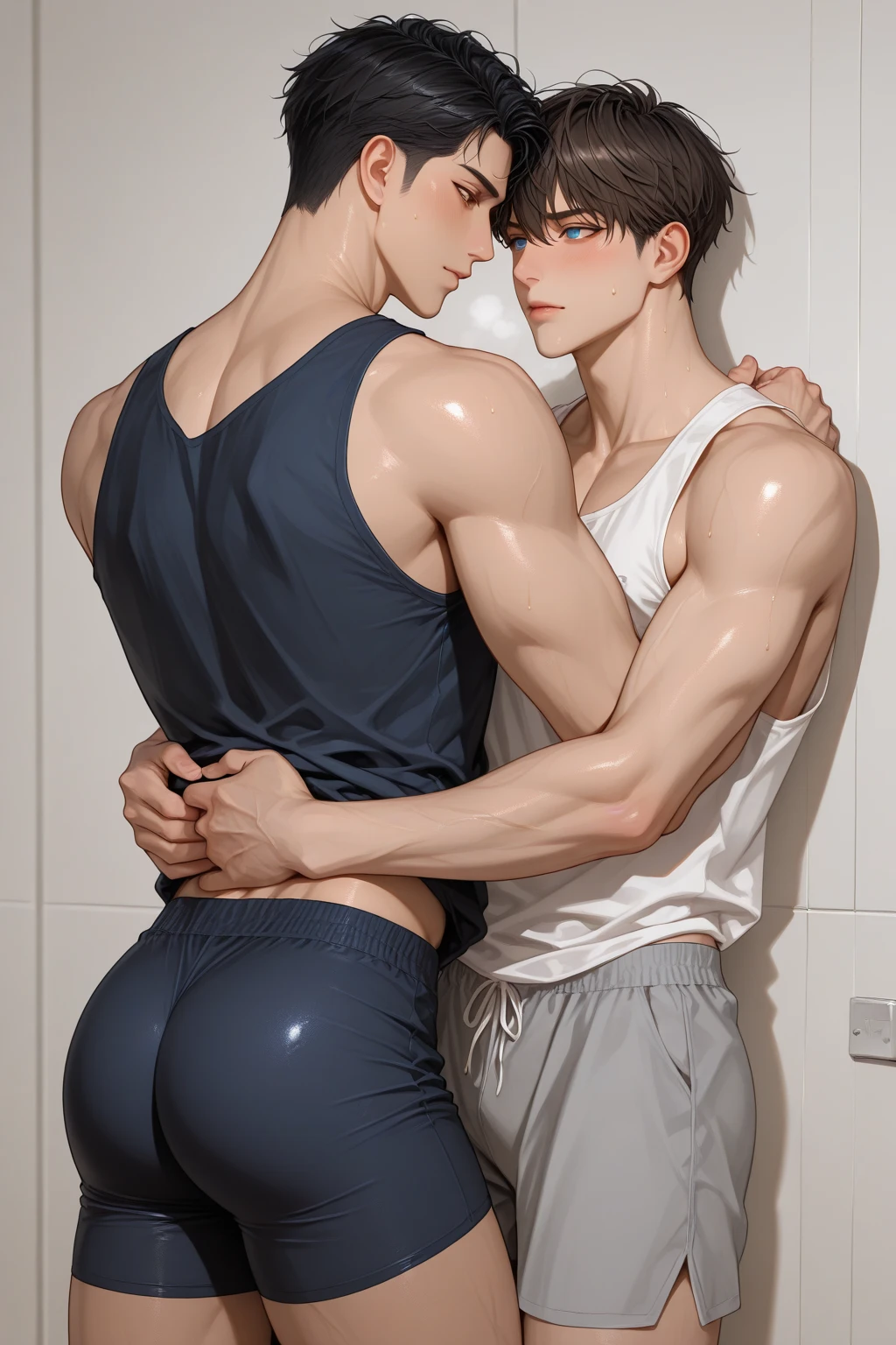 (male crew cut short hair:1.8) (man and woman hugging and kissing: 1.5), (man and woman: 1.5), smile, (A man wears a navy blue short-sleeved round neck t-shirt.: 1.3), Navy cargo pants, Korean guy , korean men, (High gloss details),  muscles, large arm muscles, blood vessel, Big muscles, Broad shoulders, looking at the audience, Balancing the eyes, smile, Close your eyes, open your mouth., (Close your eyes, open your mouth. : 1.3) , ,( very long big : 1.8), (Big ), ( of the : 1.1), (How: 1.8) ,( woman: 1.9), Make love, , , lust, (, In front of the bread shop: 1.3) ,