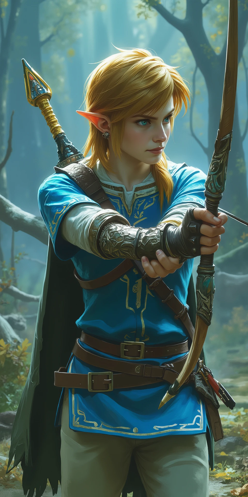 Elden Ring,During combat,Light blue clothes,Blonde,link,1man,holds a bow and arrow,The Legend of Zelda,dark fantasy,Action,dynamic,beautiful,beautiful,colorful,Realistic,live-action,realistic,safe content (masterpiece, 最High Quality, High Quality, detailed background, complicated details,complicated,ultra high res, are so pretty,Newest:1.2)