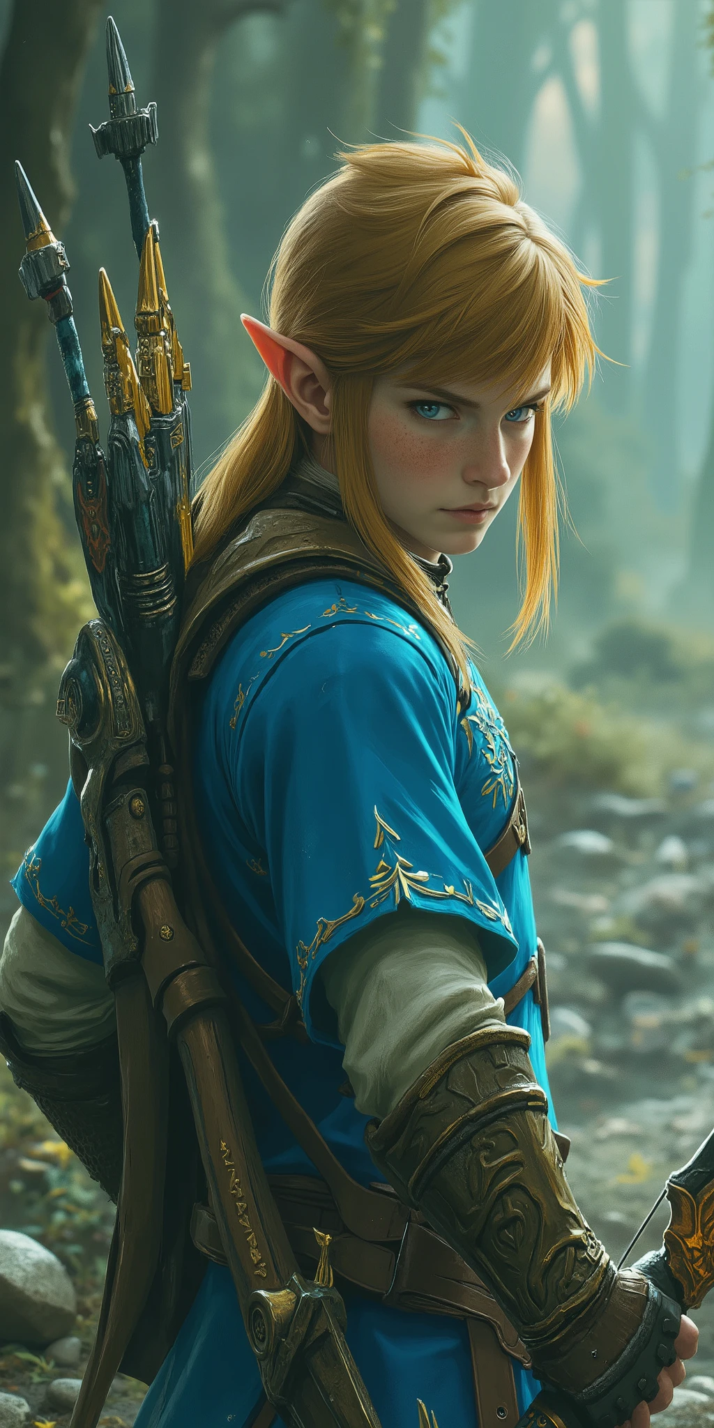 Elden Ring,During combat,Light blue clothes,Blonde,link,1man,holds a bow and arrow,The Legend of Zelda, Dark World ,dark fantasy,Action,dynamic,beautiful,beautiful,colorful,Realistic,live-action,realistic,safe content (masterpiece, 最High Quality, High Quality, detailed background, complicated details,complicated,ultra high res, are so pretty,Newest:1.2)