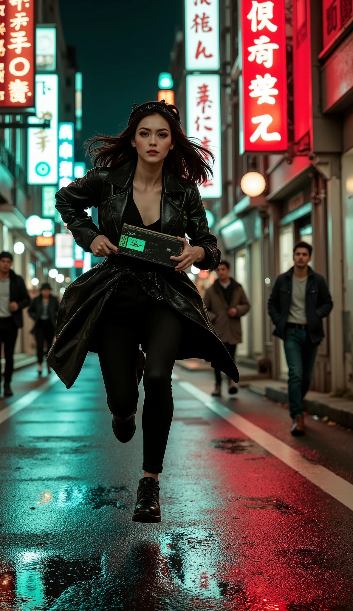 A dynamic low-angle shot on a wet asphalt street at night. A fearless young woman with a 1960s mod hairstyle (a sleek bob with a headband) and dramatic winged eyeliner is sprinting. She's clutching a mysterious, glowing data cassette. She wears a minimalist black patent trench coat. The scene is bathed in the pulsating red and cyan glow of towering neon kanji signs from a narrow alley in a futuristic retro-fusion city (retrofuturism). Her expression is intense, focused, and breathless. A motion blur emphasizes her speed. In the background, the long, distorted shadows of her pursuers are cast by the neon lights. Style: hyperrealistic, cinematic, dramatic lighting, 35mm film grain, primarily monochrome with selective color from the neon signs and the soft green glow of the data cassette.