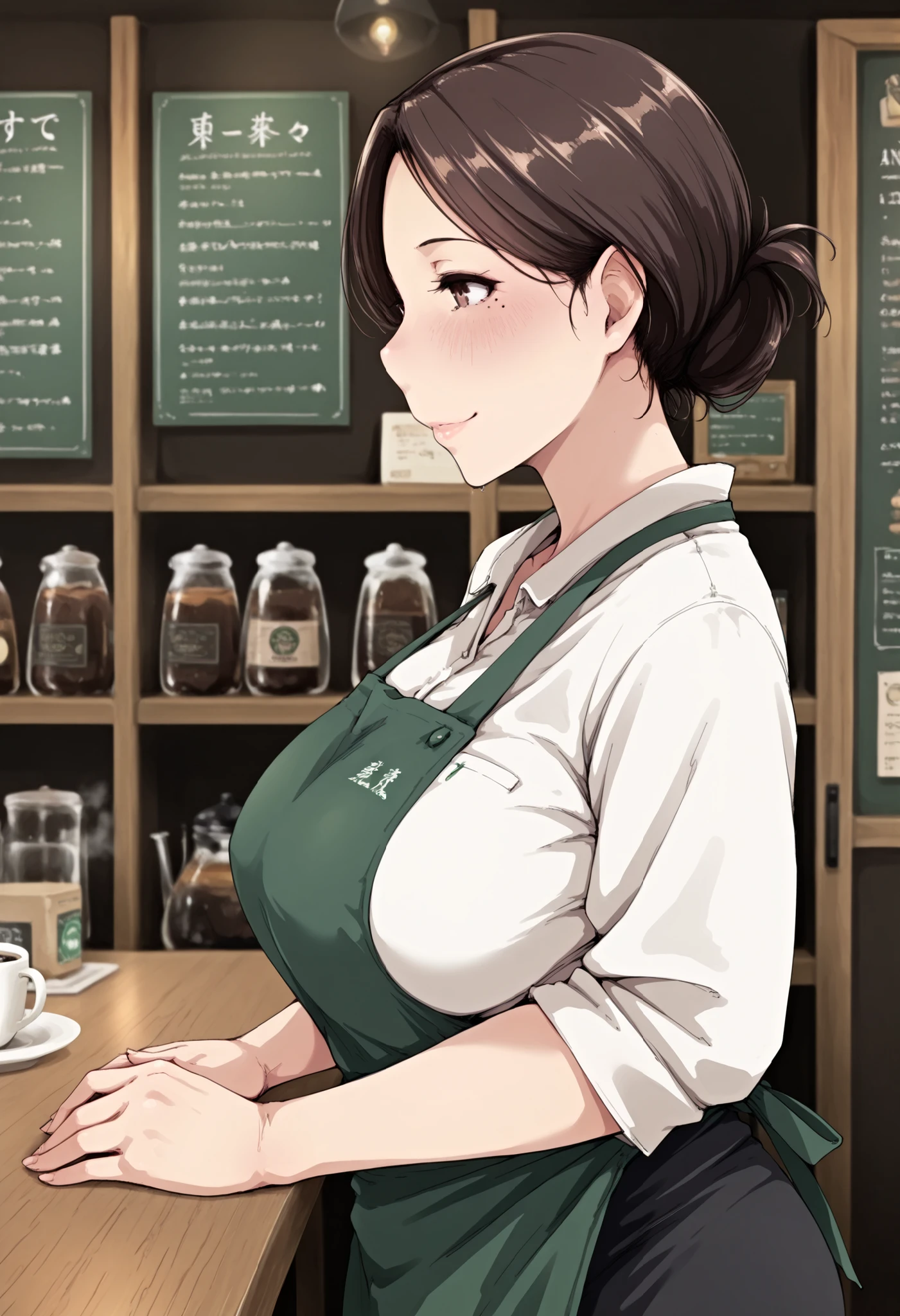 (masterpiece, best quality, amazing quality, absurdres, very aesthetic), nsfw, (arakure style, mature female), (1girl, solo), brown hair, brown eyes, mole under eye, white shirt, black skirt, green apron, smile, both hands on the table, (side view, standing in the coffee shop)