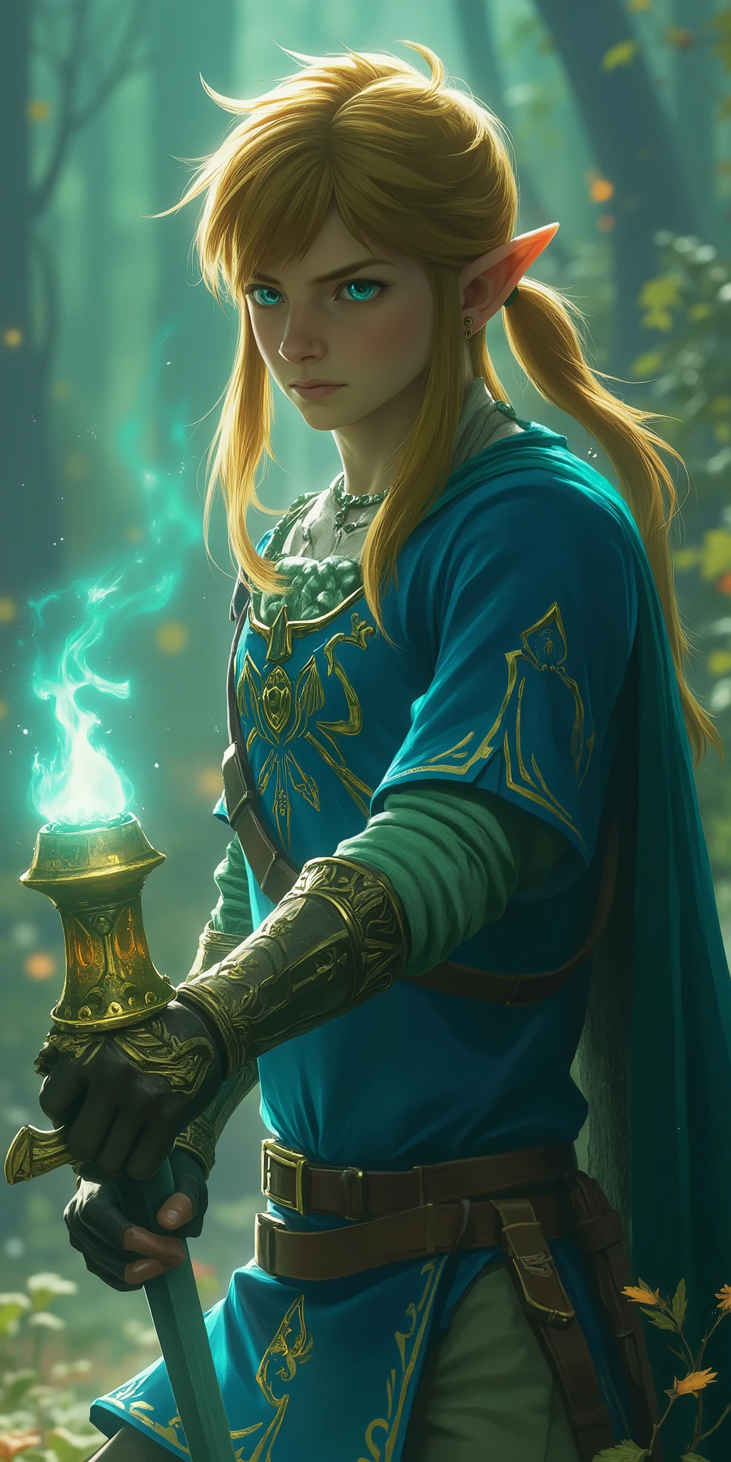 Elden Ring,During combat,Light blue clothes,Blonde,link,1man,I have a torchlight on fire,holds a sword,She wears green supremacy on her arms,The Legend of Zelda, World of Darkness,dark fantasy,Action,dynamic,beautiful,beautiful,colorful,Realistic,live-action,realistic,safe content (masterpiece, 最High Quality, High Quality, detailed background, complicated details,complicated,ultra high res, are so pretty,Newest:1.2)