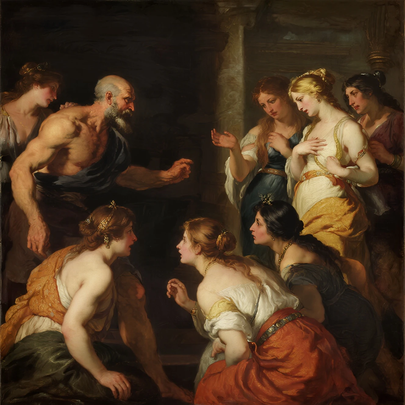 a black and white drawing, A group of people drinking alcohol around a table at a inn, The youthful muscles have turned to fat, the bronzed flesh to paunches. The men are balding or greying, and the women's dimples have turned to wrinkles. From what they say, you learn that the city has ignored them. None of them received a hero's welcome and One of the youths has been stoned. Now they have sunk into sullen reminiscences about glorious days long ago; seven and a half years after coming home, the six surviving youths and five maidens of Athens are still fighting the darkness of Knossos.{{{{{monochrome}}}}}