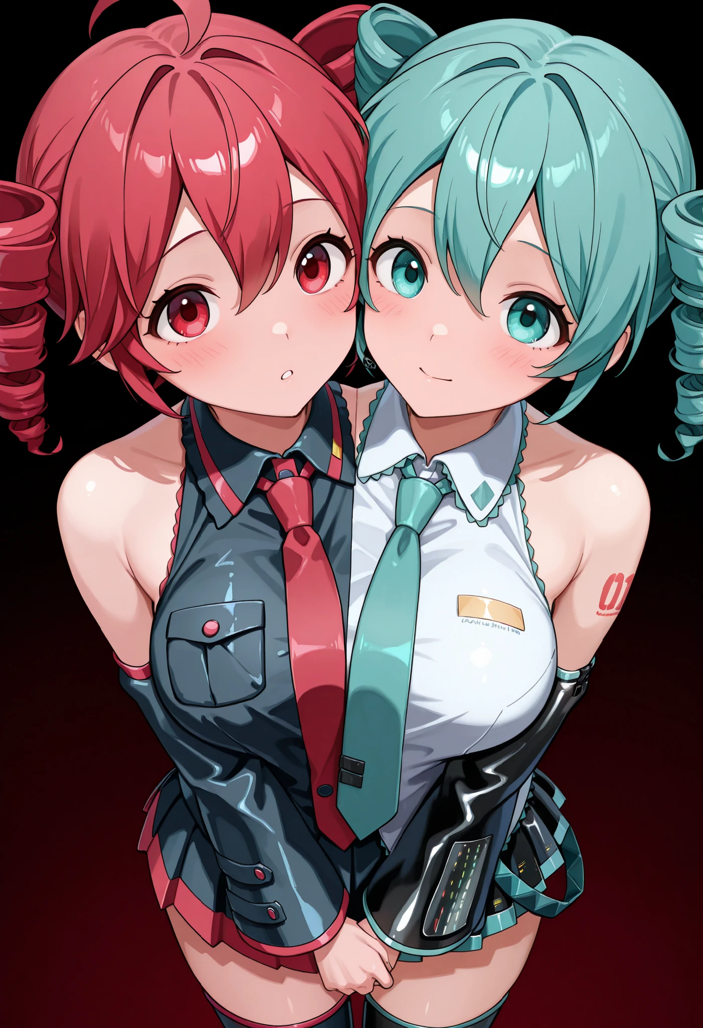 conjoined, 2girls, 2heads, two heads, a girls with 2 heads, hatsune miku, kasane teto, aqua hair, red hair, aqua eyes, red eyes, aqua twintails hair, red drill hair, large breasts, front shots, upper body, white shirt, black shirt, two-tone collar shirt, collared shirt, bare shoulders, sleeveless shirt, aqua necktie, red necktie, two necktie, black sleeves, shoulder tattoo, fringe, black thighhighs, miniskirt, two-tone collar pleated skirt, zettai ryouiki, thigh boots,