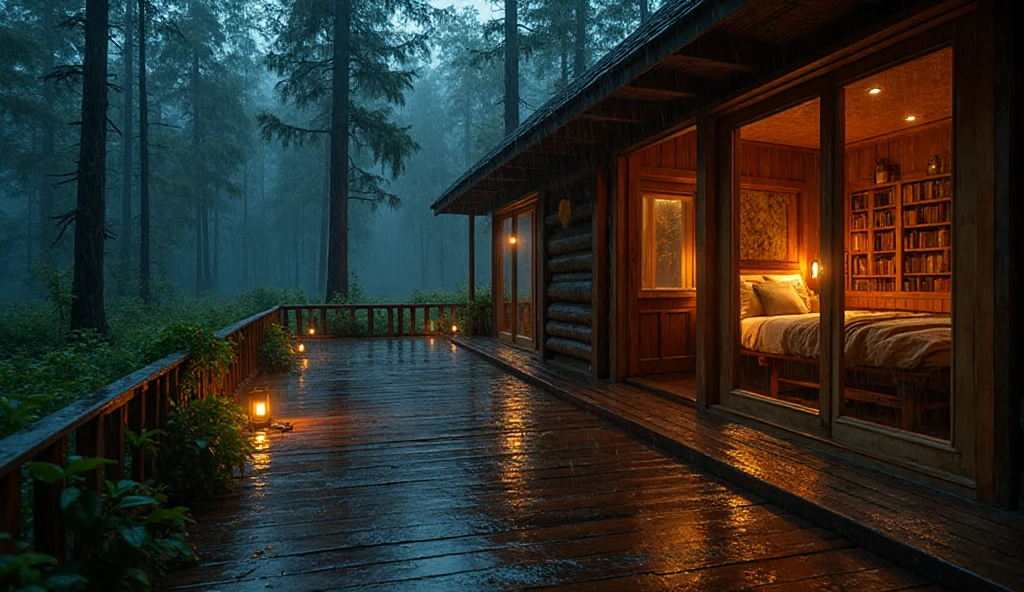 A rainy night in a misty forest, outside view of a rustic wooden cabin ...