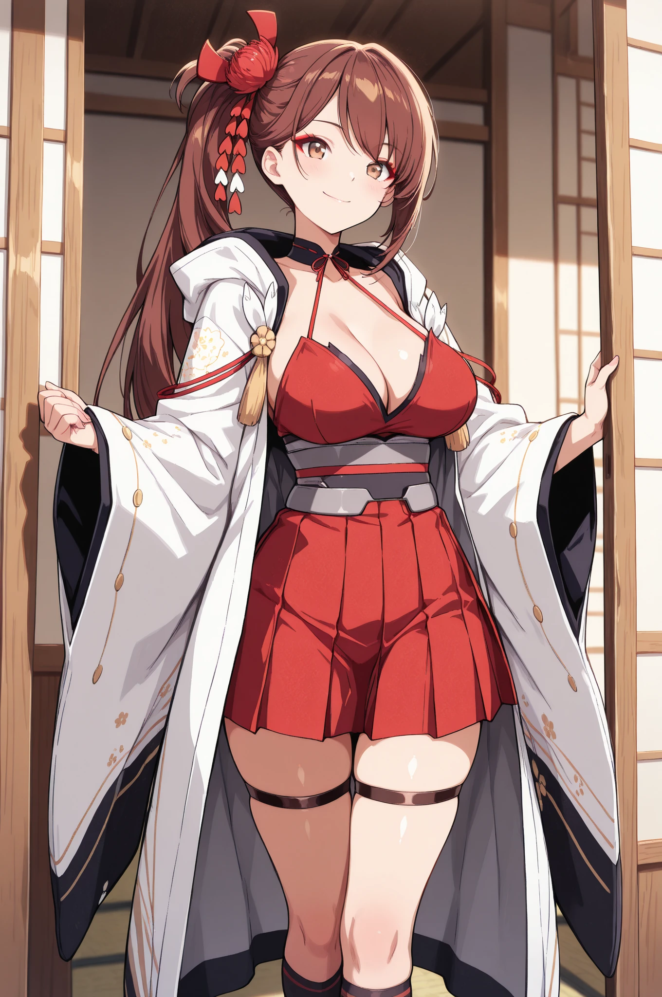 highest quality,best quality,1girl,1uncle,((???????????:1.3)),closed mouth,??????,blush, sweat,Nanoha Takamachi,takamati nanoha,((long hair,straight hair:1.3)),((miko:1.3)),red hakama,mini skirt,????? shot,???????,lift skirt,white panties,lace panties,shrine