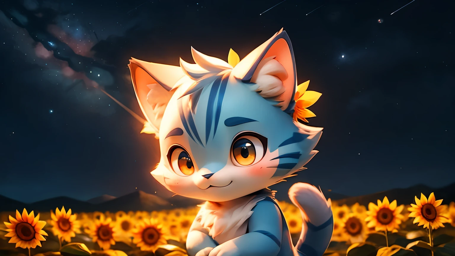 Night Sky、starry sky、blue cat holding a sunflower、solo