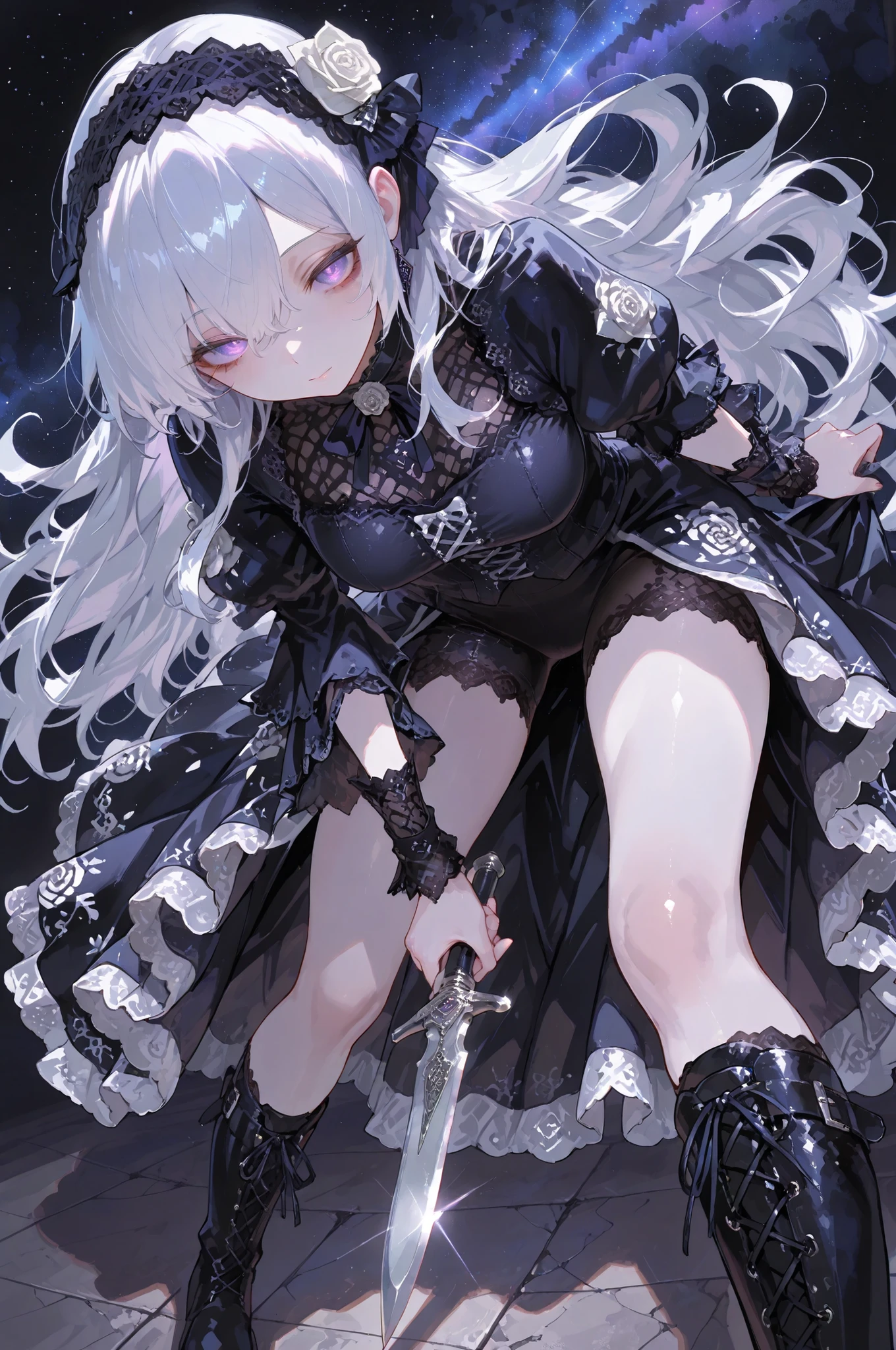 ,Top quality, masterpiece, original photo, ultra-high resolution, ultra-high quality, super detail, 8k picture quality, ultimate quality, detailed description, symmetrical eyes, detailed and beautiful face, extremely detailed cg,********1 girl, standing, segmental knife, fair skin, white lace gothic top, perforated, Beautifully detailed purple eye, highest quality long and thick white hair, princess square, facing forward, thighs, leather mesh gothic white rose print pants Long and charming boots, in her forties, a mature woman. Perspective view, from bottom to top, low Angle, from above, starry sky background