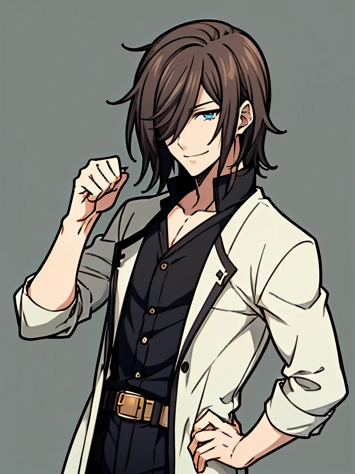 clenched fist,Male, Brown hair, Looking at camera, Smiling, Detective outfit, Smiling face, Blue eyes, Medium hair, Fantasy outfit, One male, Portrait, Cowboy shot, Echo portrait, Score_9, Score_8_up, Score_7_up, Source_anime, Break, White background, Slanted eyes, No background, One hand on hip, Highlight on eye, Hiding one eye, ((Tall mal)),upper body,Handsome guy