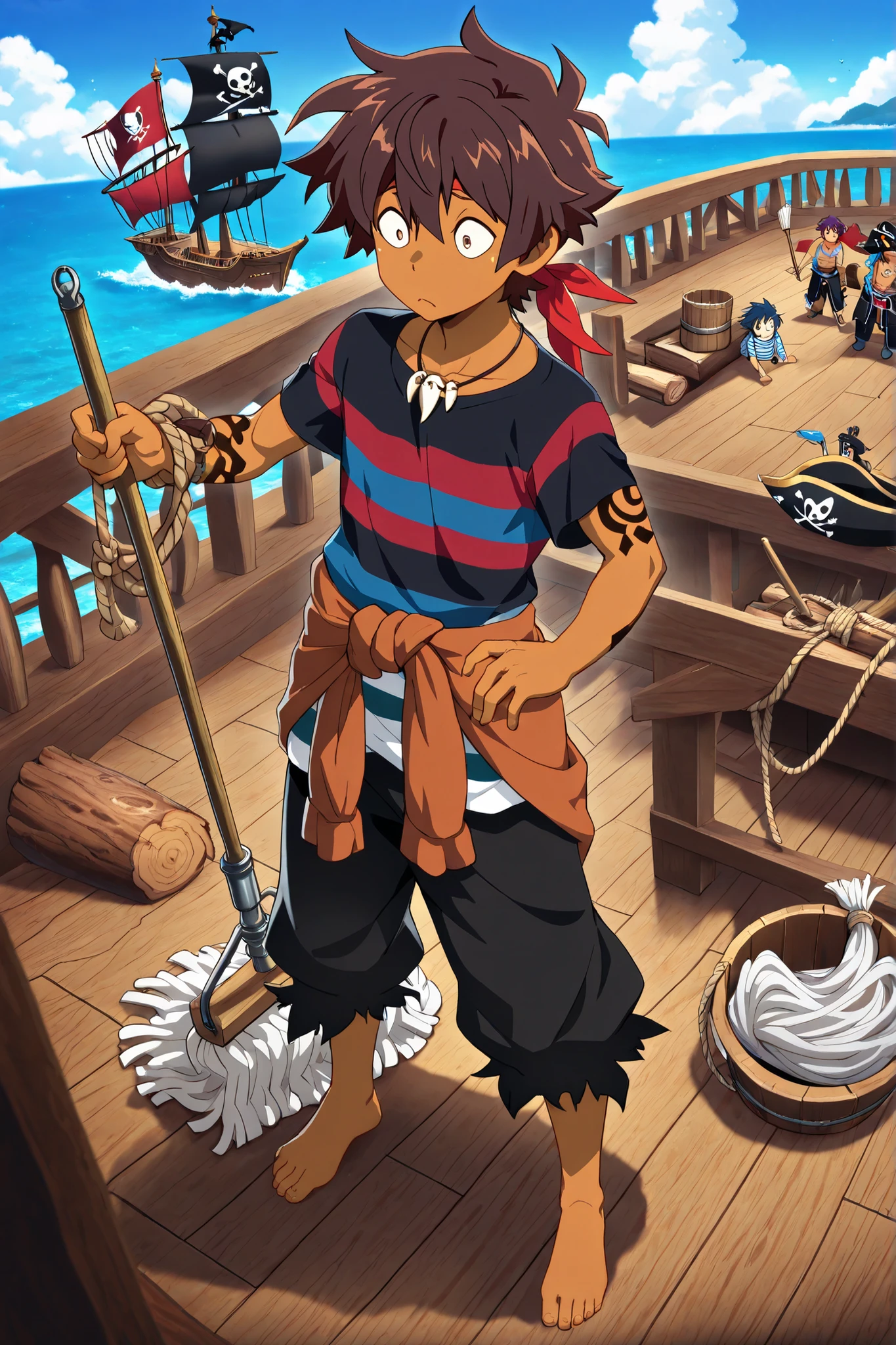 High resolution, Masterpiece, (Polynesian pre-teen boy), Māori tattoos,((brown skin)), wild hair, bandanna, striped shirt, ragged pants with a rope tied around his waist, bare feet, shark tooth necklace, carrying a mop and wooden bucket, (pirate flag), confused expression, Pirate ship deck, ocean, blue sky, clouds, (Log Horizon style)