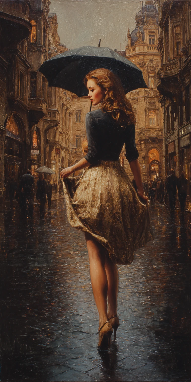 3-D-Art, a painting of a pretty woman, pretty face, in a dress walking down a street, figurative art, fantasy art, by Tony Sart, romanticism painting, beautiful fantasy painting, elegant oil painting, elegant and refined painting, breathtaking fantasy art. Art SimilarAnka Zhuravleva.