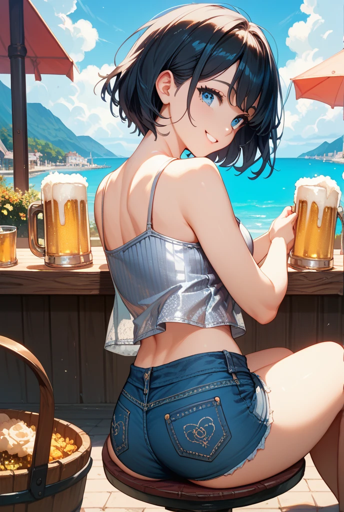 1 Japan，Mature Woman，Age 35，Black Hair，short hair，slender，Hawaii，Beach，summer，bikini，Having a cocktail，horizontal line，sunset，Backlight，Palm tree，cumulonimbus