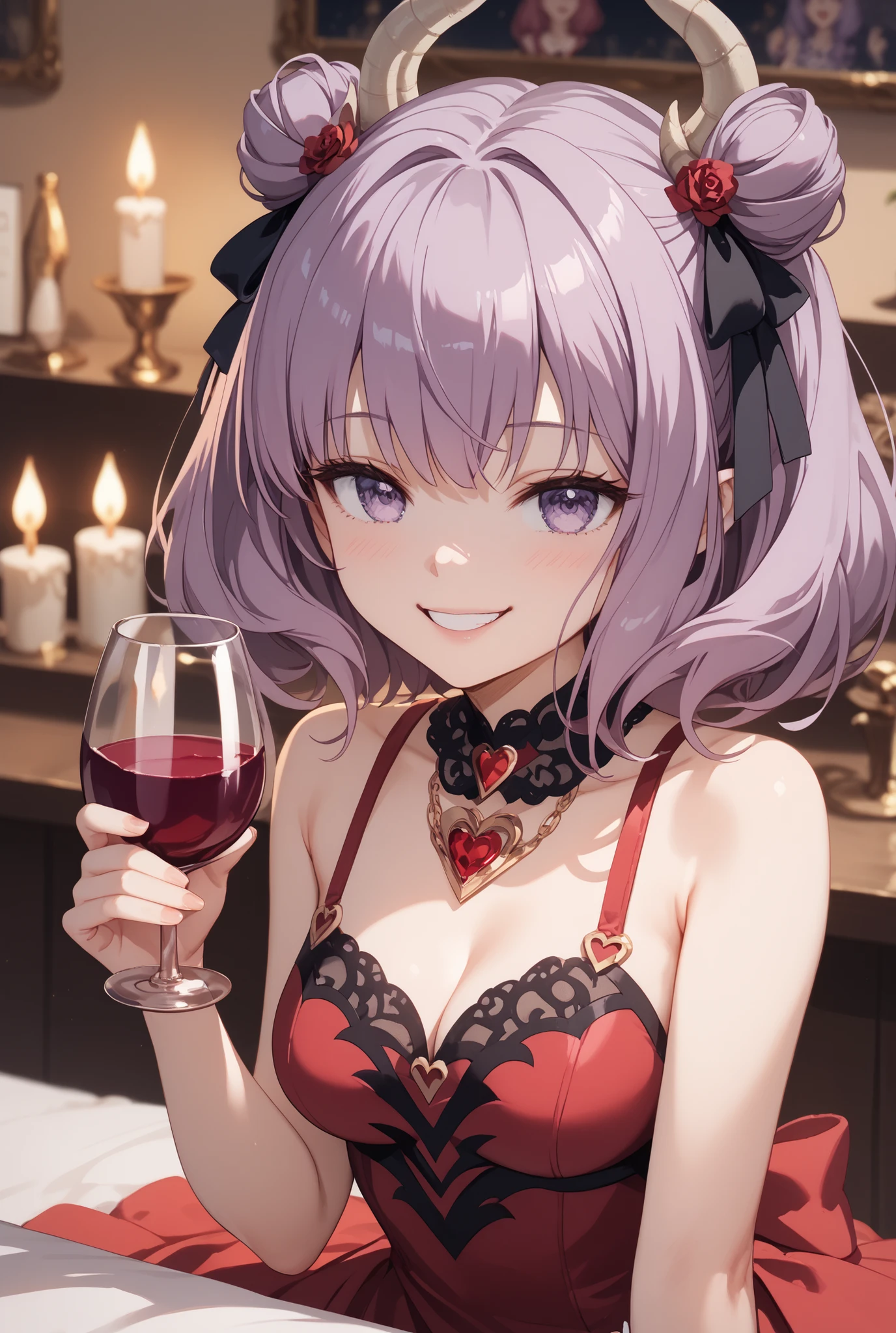 masterpiece,Super Detailed,beautiful faces,And high-precision,cute devil girl,(One woman in between stores),You can see,has a devil candle holder behind the bed、Candlelight,external, Expression of victory ,I'm sitting on the devil's dim bedroom bed in my little red underwear,light reddish purple hair,Thin hanging eye shape,Light Purple Eyes,voluminous bob hair,(Close Her Mouth and Laugh:1.2),I have a wine glass with red wine in my right hand,
very cute,doing a devil's ceremony,My cheeks are blurry and red, cowboy shot,