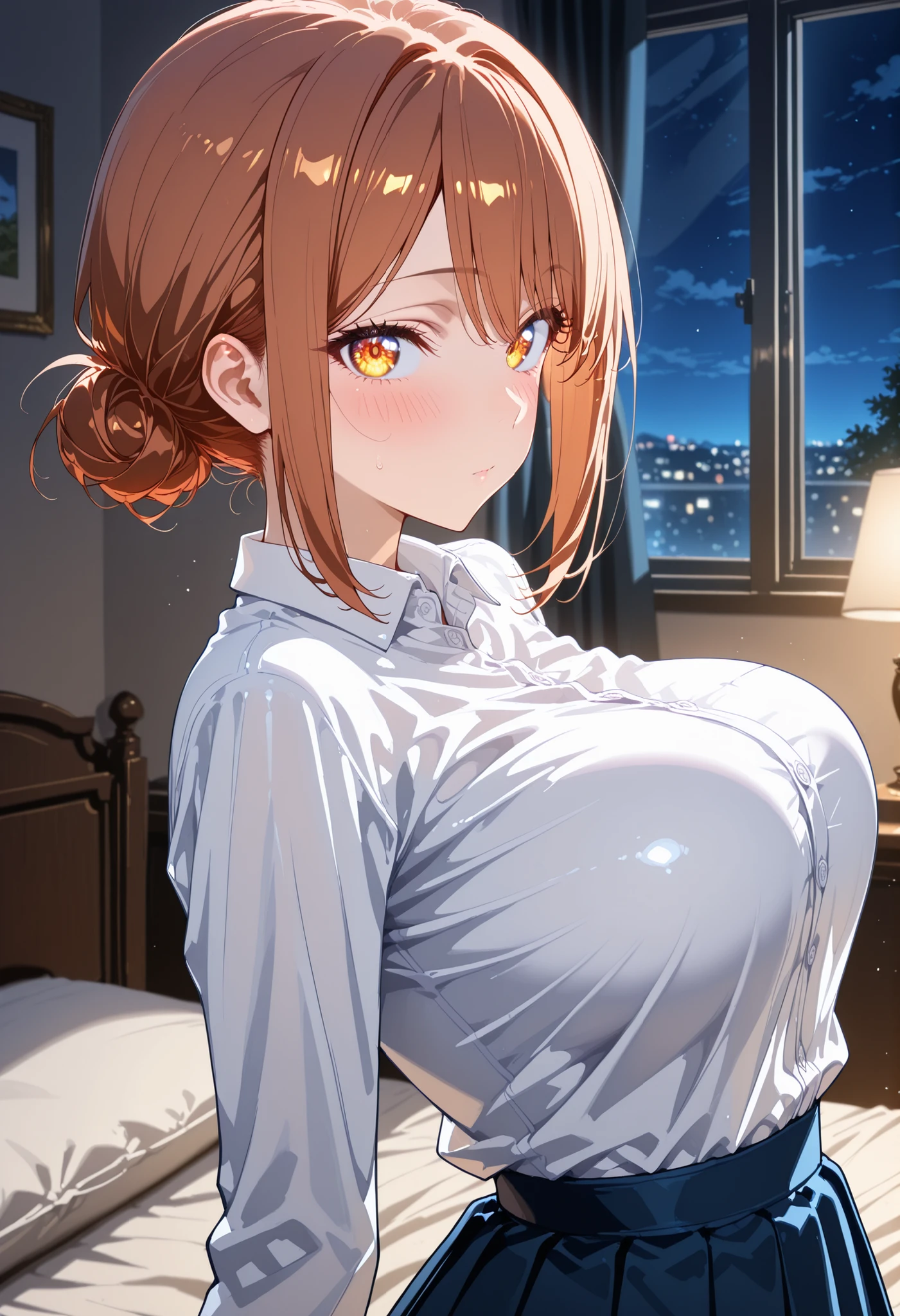 High quality, 1girl, sole female, Yuigahama's mom, brown hair, hair bun, big eyes, delicate facial features, natural skin texture, seductive, looking at viewer, elegant bedroom with tall windows at night, smooth plain white blouse, collared shirt, schoolgirl cosplay, pleated skirt, high waist skirt, tucked shirt, covered breasts, seated with gentle turn of the upper body, arms relaxed, chest softly pushing against taut fabric, from somewhat side, big eyes, perky breasts, (tension breasts), face focus, blush, masterpiece, best quality, ultra quality, high detailed