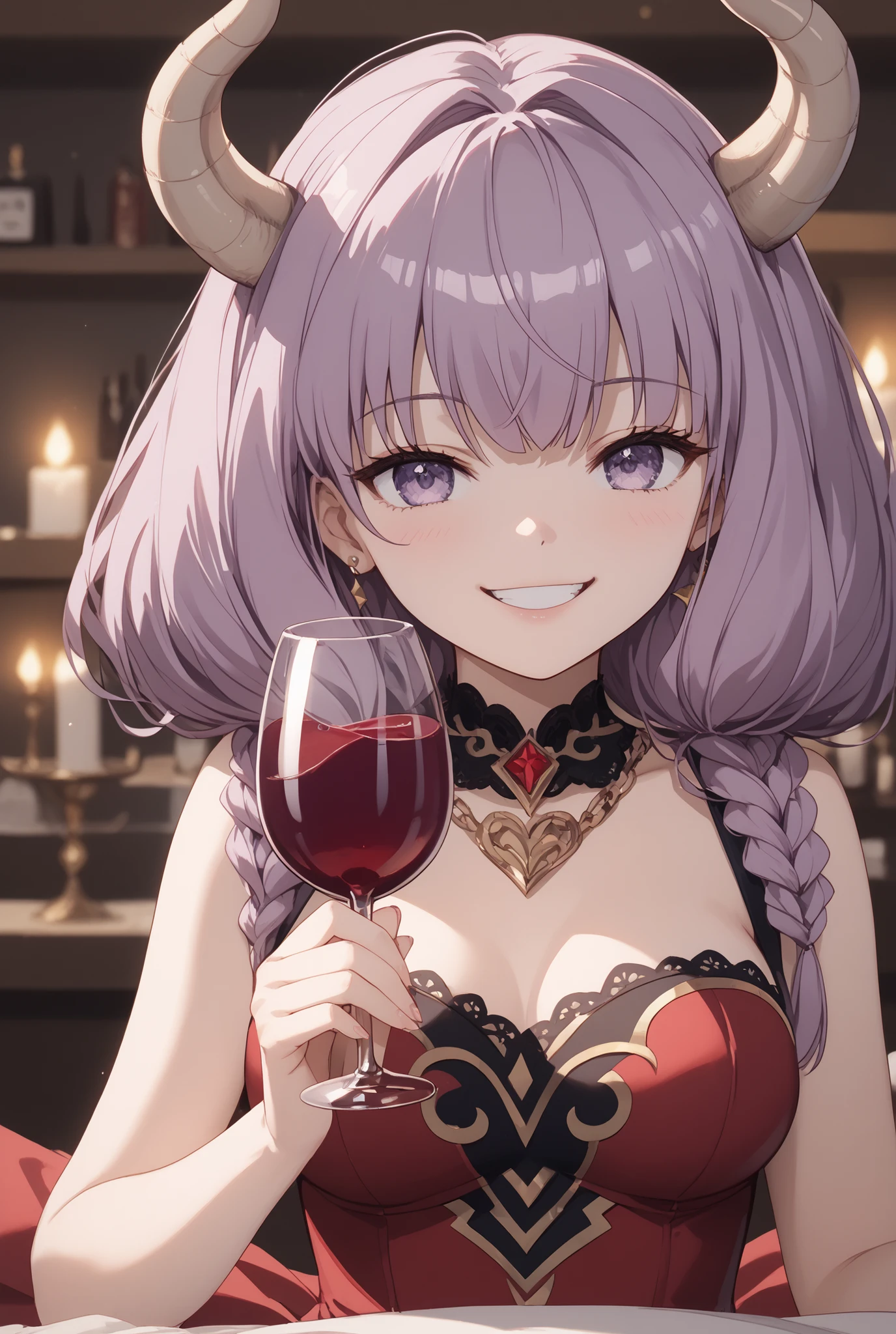 masterpiece,Super Detailed,beautiful faces,And high-precision,cute devil girl,(One woman in between stores),You can see,has a devil candle holder behind the bed、Candlelight,external, Expression of victory ,I'm sitting on the devil's dim bedroom bed in my little red underwear,light reddish purple hair,Thin hanging eye shape,Light Purple Eyes,voluminous bob hair,(Close Her Mouth and Laugh:1.2),I have a wine glass with red wine in my right hand,
very cute,doing a devil's ceremony,My cheeks are blurry and red, cowboy shot,