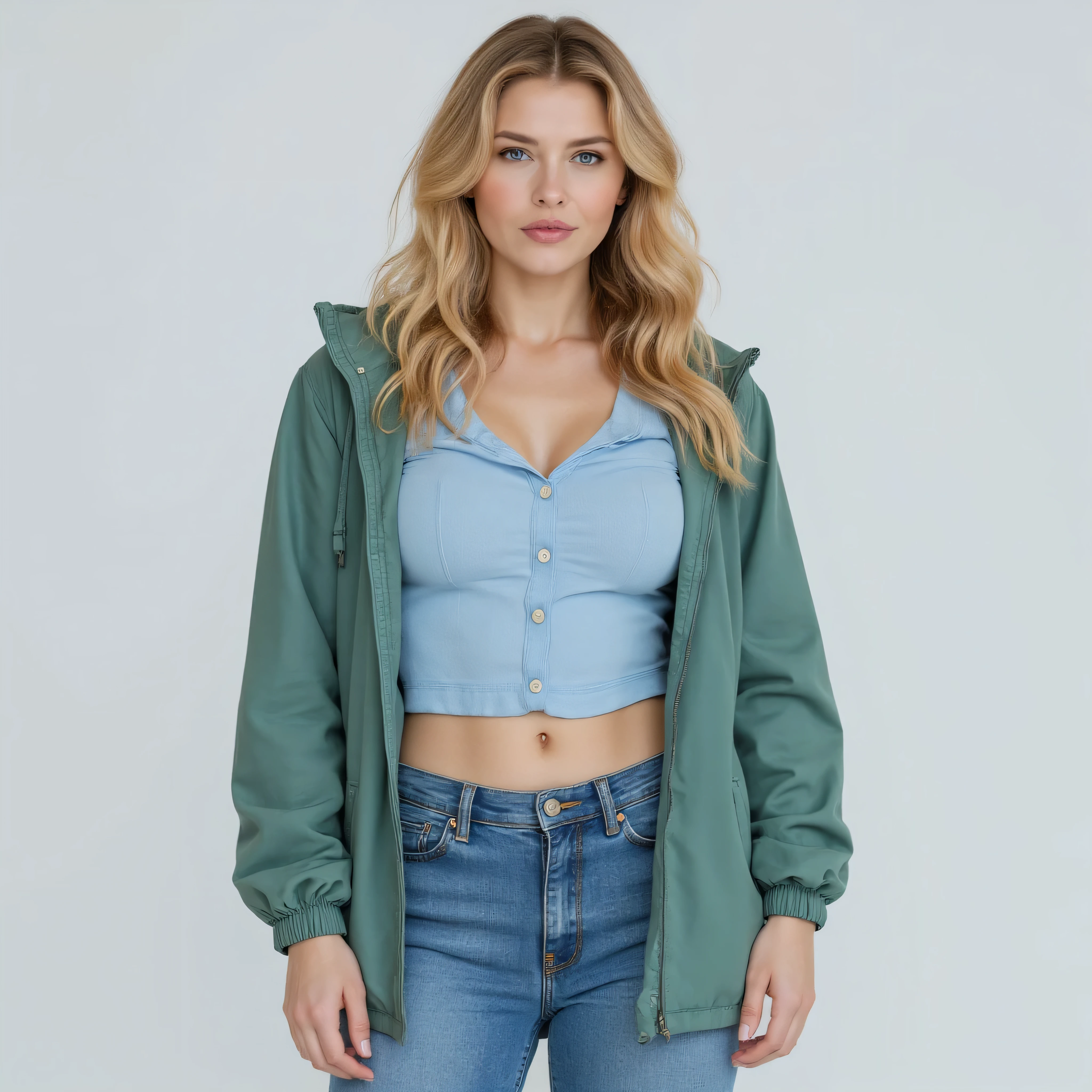 A realistic, high resolution photograph of a short, beautiful European woman in her 20's; full body frontal view facing the camera with her arms at her sides looking at the camera. There is extra space in the photo above her head. She has an athletic, hourglass fashion model figure with medium rounded breasts, large hips, and a thin waist. She has long wavy naturally honey blonde hair with blonde roots and a middle part. Her hair has naturally blonde roots (3.0). She has a perfect, beautiful face, a small nose and a short, thick neck. She has blue eyes and a pale complexion. Her lips are slightly open and she has a mischievous smirk. She is wearing a light blue button down cotton work shirt, an open sea green windbreaker, and jeans. The rounds of her breasts are well defined beneath her clothing and you can see a bit of cleavage. There is no one else in the photo. There is extra space above the subject’s head and centered composition — suitable for magazine-style layout or cinematic framing.