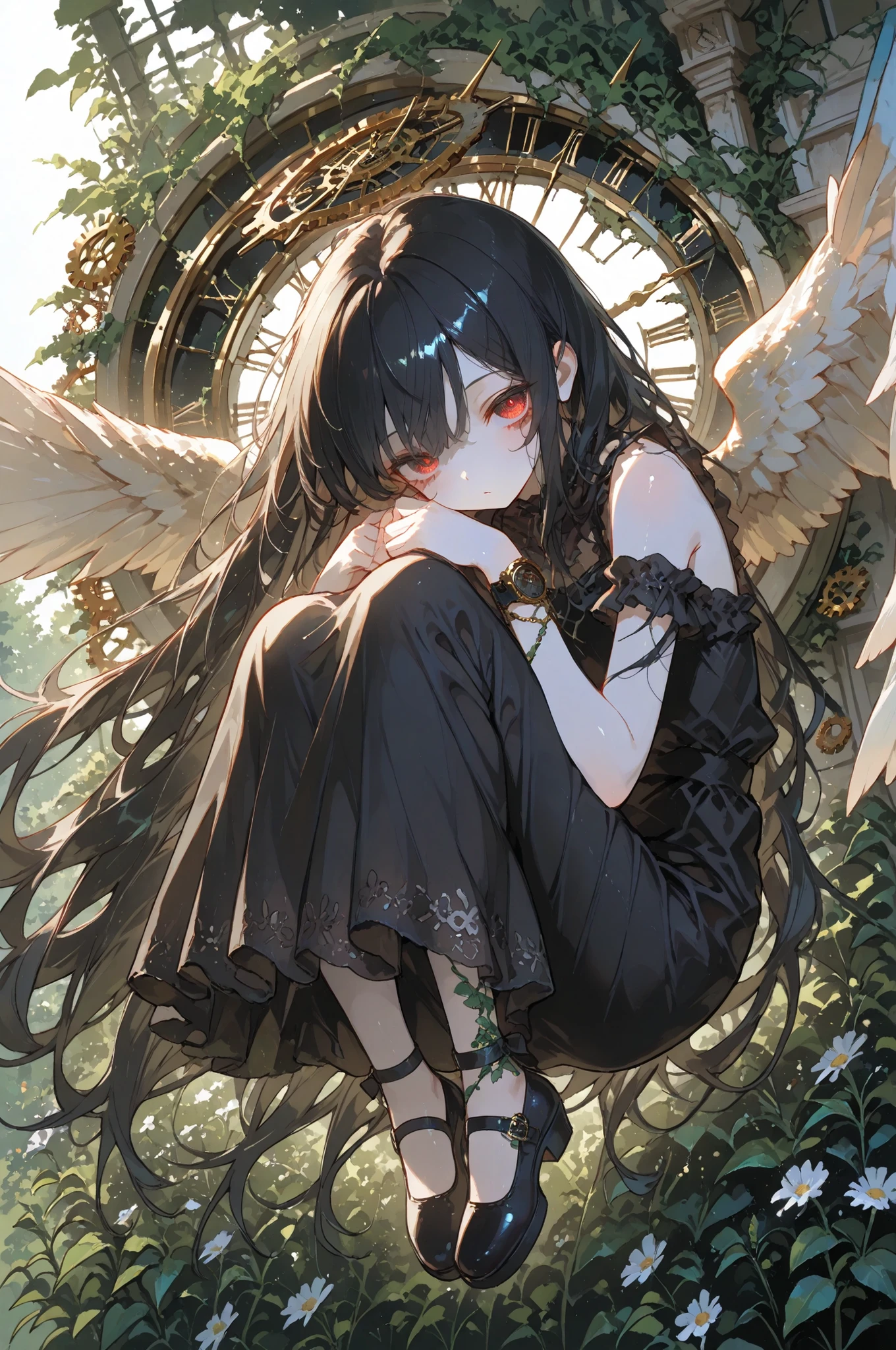 ,Top quality, masterpiece, original photo, ultra-high resolution, ultra-high quality, super detail, 8k picture quality, ultimate quality, detailed description, symmetrical eyes, detailed and beautiful face, extremely detailed cg,********Pale, red eyes, shiny hair, Kiki, long hair, black hair, suspended in the air, a girl, solo, an elegant angel with delicate clock wings, decorated with tiny gears and springs, landing in a lush, overgrown garden,