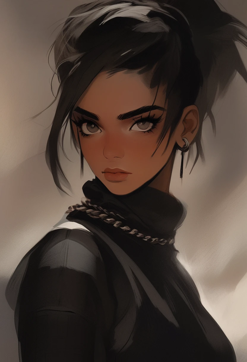 A monochrome digital painting of a rebellious young woman with dark, messy hair tied into a high ponytail, with strands falling loosely around her face. She has an intense and brooding expression, with piercing eyes that seem lost in thought. A lit cigarette dangles from her lips, smoke curling around her face. Her ears are adorned with multiple sharp, metallic piercings, including spikes. Around her neck, she wears a heavy black leather choker with metal chains and a large ring in the center, giving her a punk or gothic aesthetic. She is dressed in a dark, sleeveless outfit that reveals her shoulders. The background is blurred and gritty, emphasizing the raw, edgy feel of the image. The art style is rough and painterly, with bold brushstrokes and high contrast between deep blacks and bright highlights.