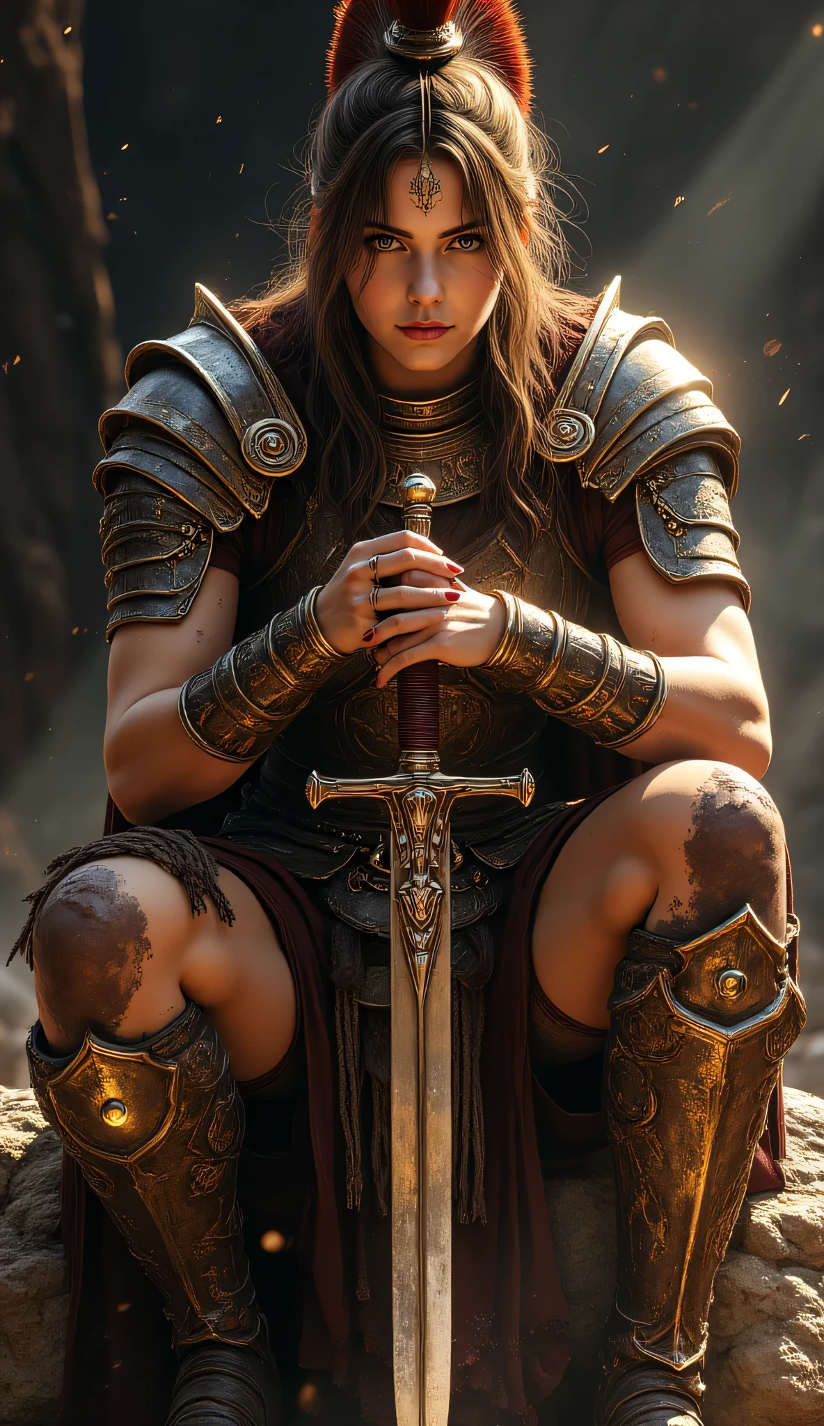 Female Spartan; Rough Armour; Stylized; Rough Texture effect; Shadow Form; Painting Style; Highly detailed; Realistic; Sparkling Effect; Inc Art style; Full view; Full character view; Wide perspective; Full body view; Zoomed out; Head to Toe view; No cropping; Subject Uncropped; Subject Centered; Strong Head; Firm Feet; Holding a Short Sword; Sitting on a rock, frontal shoot