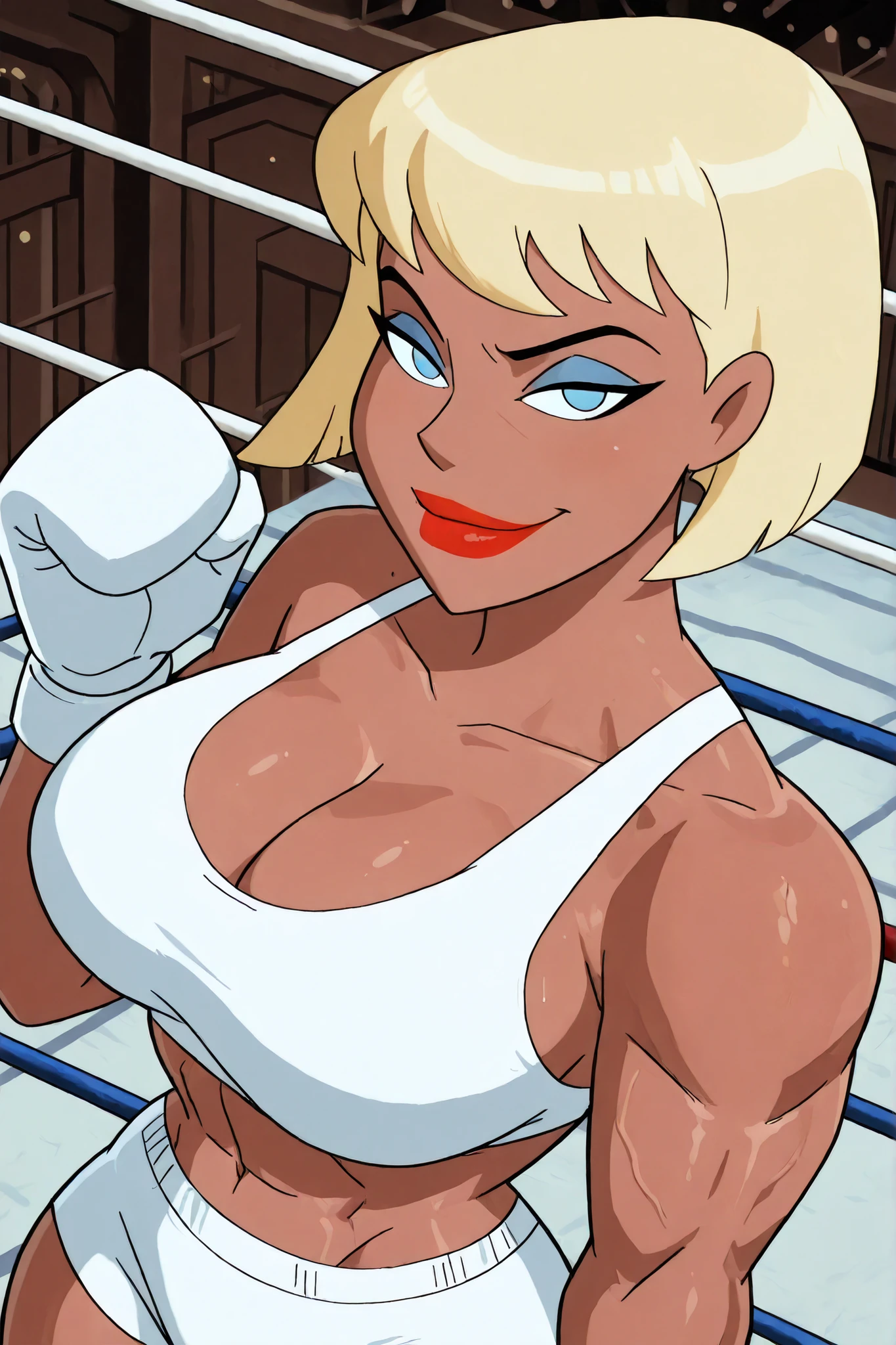 BREAK, score_6_up, score_7_up, score_8_up, score_9, galatea, mature, short hair, blonde hair, bangs, blue eyes, lipstick, red lips, makeup, muscular female, very large breasts, busty, cleavage, curvy, athletic, looking at viewer, seducing viewer, teasing viewer, seductive expression, smiling, closed mouth, bedroom eyes, white bikini top, white workout shorts, white boxing gloves, indoors, boxing ring, standing, closeup, portrait, upper body, high-angle view, blue eyeshadow, black mascara, thick thighs, wide hips