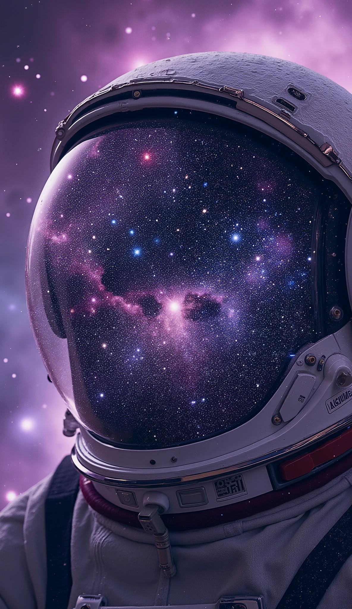 (masterpiece:1.6), (8k ultra realistic close-up:1.6), astronaut helmet visor filling the frame::1.6, double exposure inside the glass showing a vivid galaxy of stars, nebulas and cosmic dust::1.6, saturated purples, blues and pinks::1.5, starlight reflections across the curved visor::1.5, metallic helmet details sharp and hyper-detailed::1.5, cinematic lighting and dramatic contrast::1.4, background abstract yet subtle, with soft cosmic glow:1.4, dreamy but ultra-realistic composition::1.4, fine-art poster aesthetic::1.5