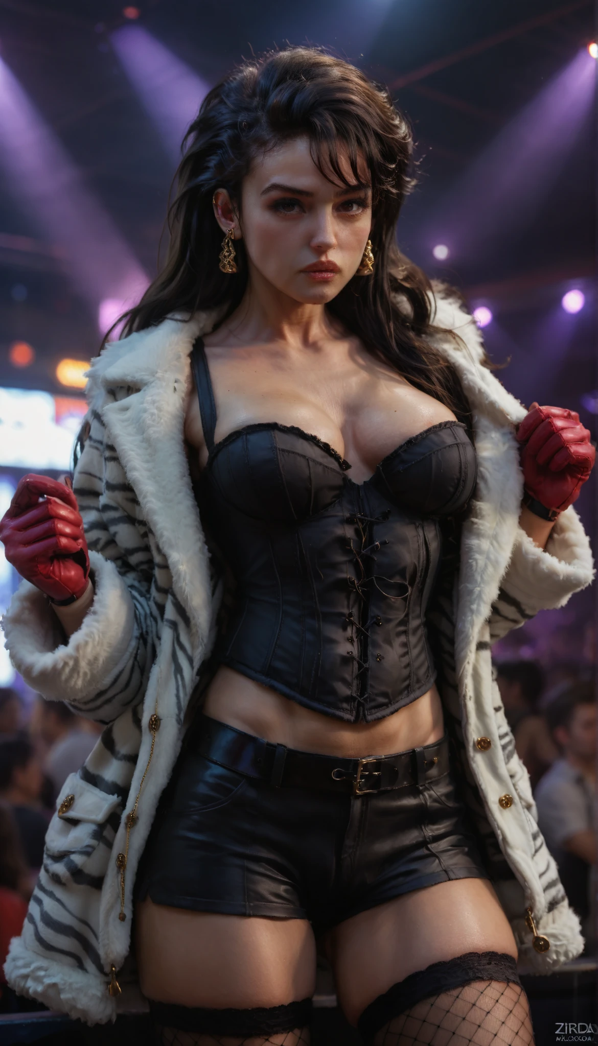 ((Monica Bellucci)) score_9, score_8_up, score_7_up, score_6_up, masterpiece, best quality, intricate details, 1 woman, Fringe Hair, aesthetic body, athletic body, big breast, big boobs dark long hair with fringe \(white highlight, zigzag pattern\), earrings, large fur coat \(fluffy, zebra pattern\), corset, tight shorts and fishnet stockings , red glove, standing, serious face, holding lighter, Scene color range tons: pink, blue, purple light, dark background, cinematic lighting, woman, long hair, sexy ominous mood, dramatic lighting, beauty, realism, cinematic quality photo emotional, harmonious, highly detailed, bokeh in the background, 8k, HDR, ultra detailed, dark ambient, nightclub in bacground look at the viewer