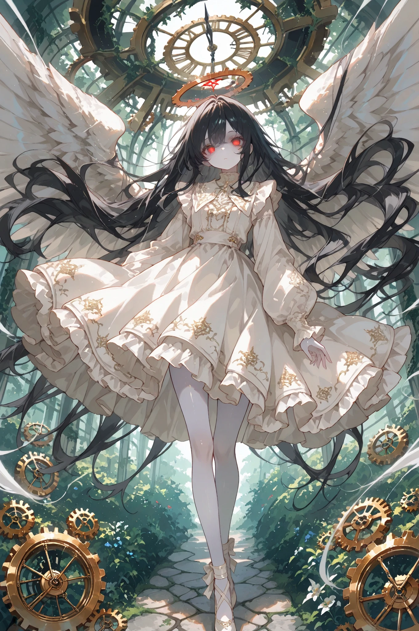 ,Top quality, masterpiece, original photo, ultra-high resolution, ultra-high quality, super detail, 8k picture quality, ultimate quality, detailed description, symmetrical eyes, detailed and beautiful face, extremely detailed cg,********Pale, red eyes, shiny hair, Kiki, long hair, black hair, floating in the air, standing, one girl, solo, an elegant angel, with exquisite, time god, huge wings composed of gears and clocks, decorated with tiny gears and springs, landing in a lush, overgrown garden,