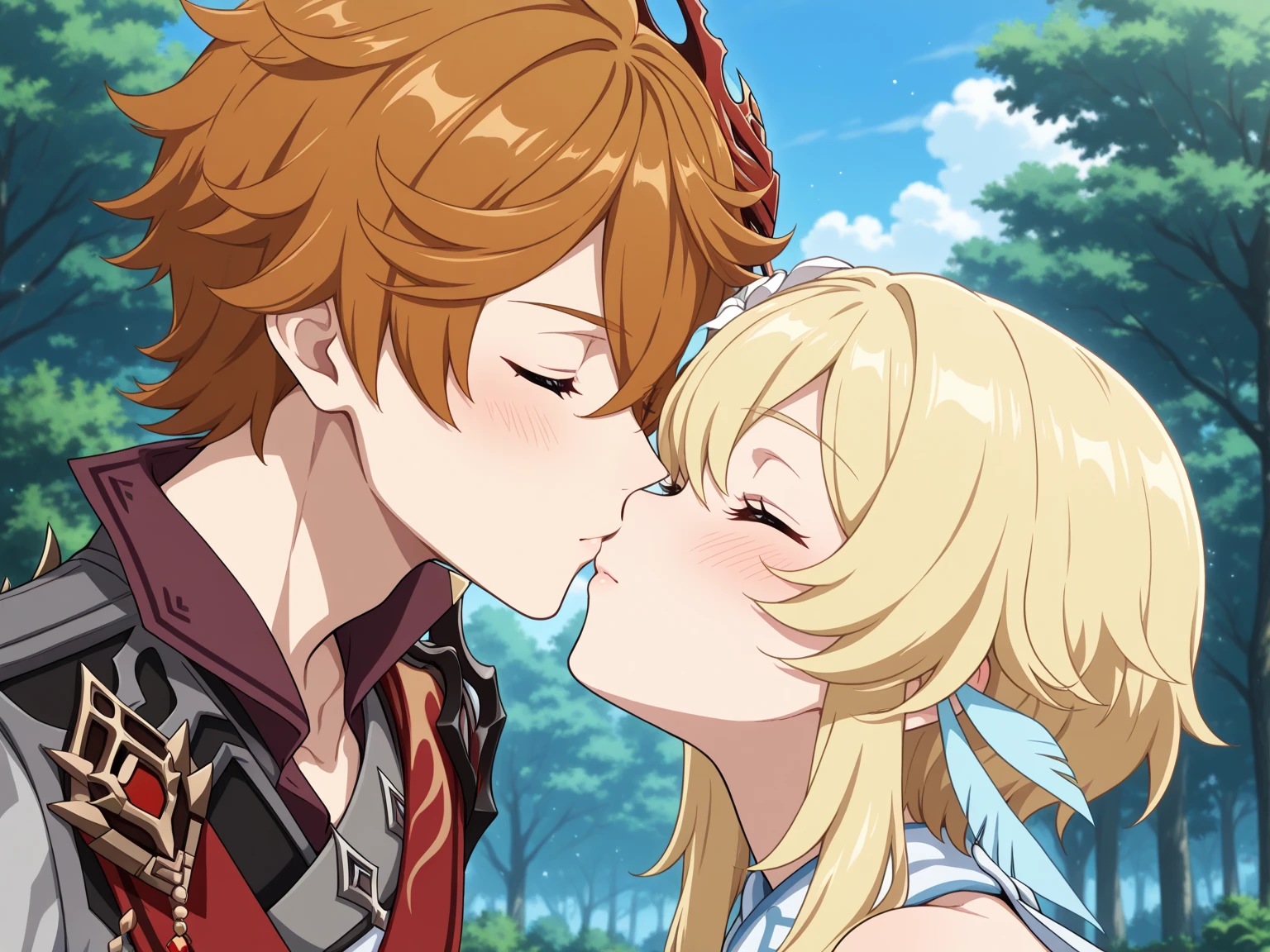 This painting depicts a young couple lying in the grass, embracing each other and deep kissing. The is blonde and wearing a veil, and is very happy as she hugs him. The boy on the bottom is redhead and . He looks pale and anemic, probably due to poor nutrition. Heterosexual couple, kissing, blushing, .